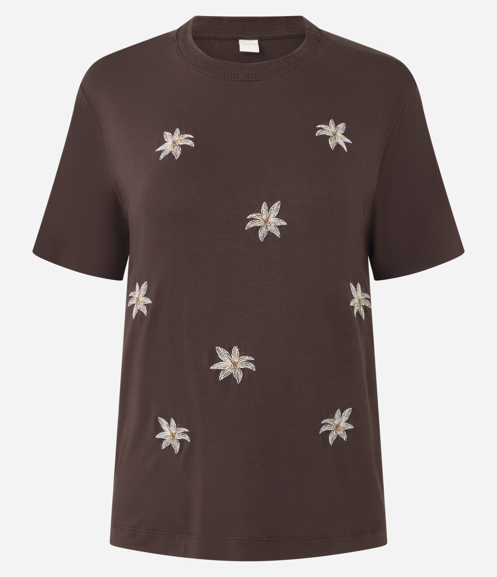 Camiseta em Viscose com Flores Bordadas Marrom 5
