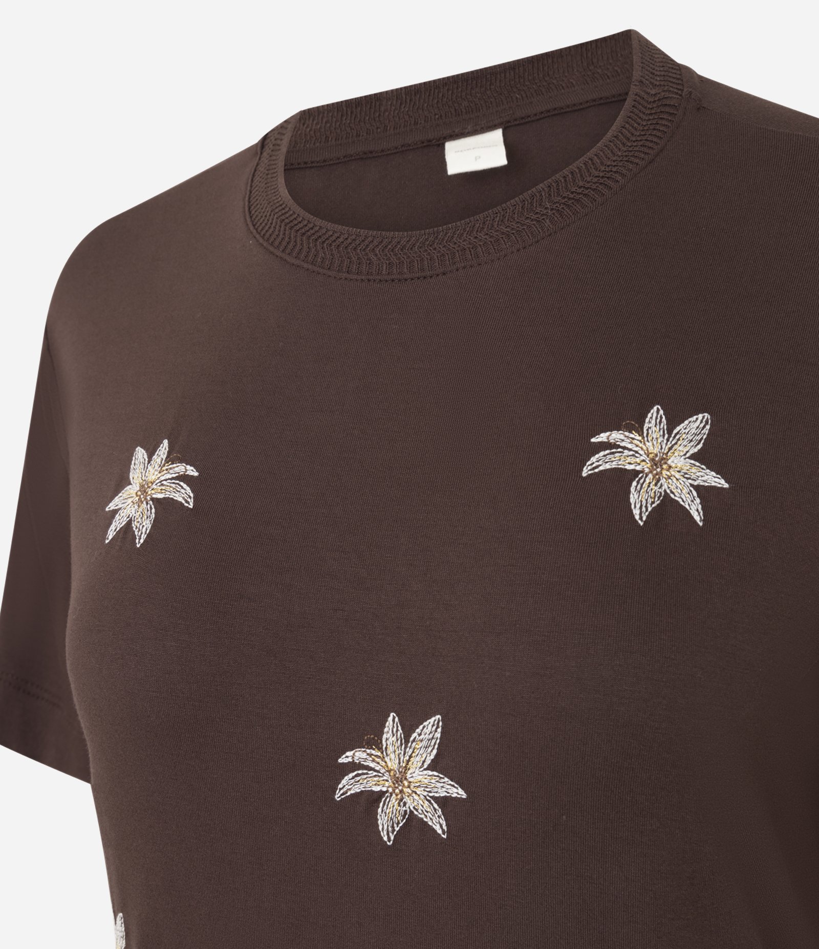 Camiseta em Viscose com Flores Bordadas Marrom 6