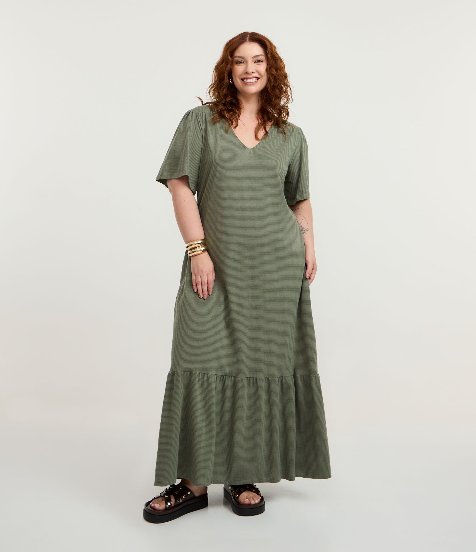 Vestido Midi Algodão com Recorte Franzido Curve & Plus Size Verde 1