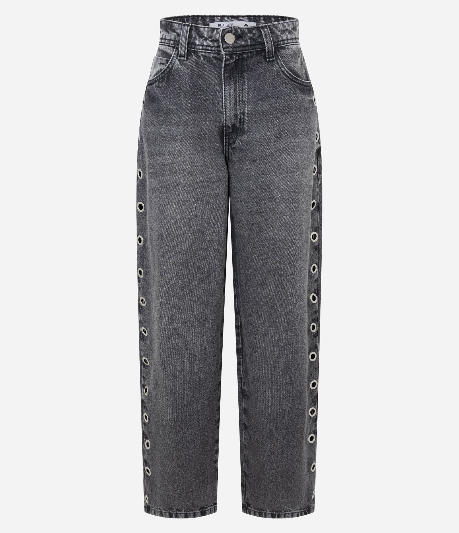 Calça Baggy em Jeans com Cintura Média e Ilhoses Laterais Cinza Estonado 5