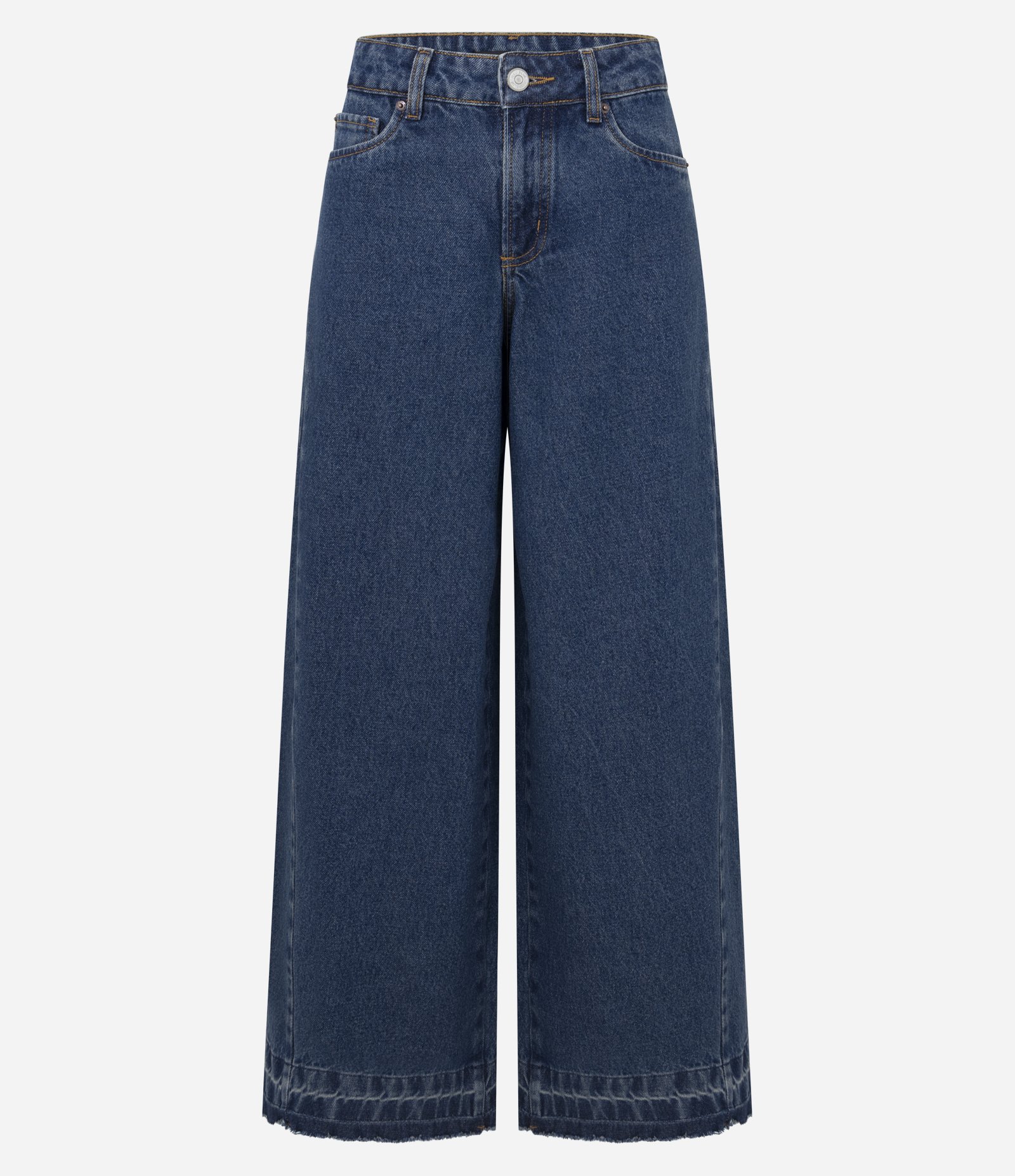 Calça Super Wide em Jeans com Cintura Média e Barra Desfeita Azul Escuro 1