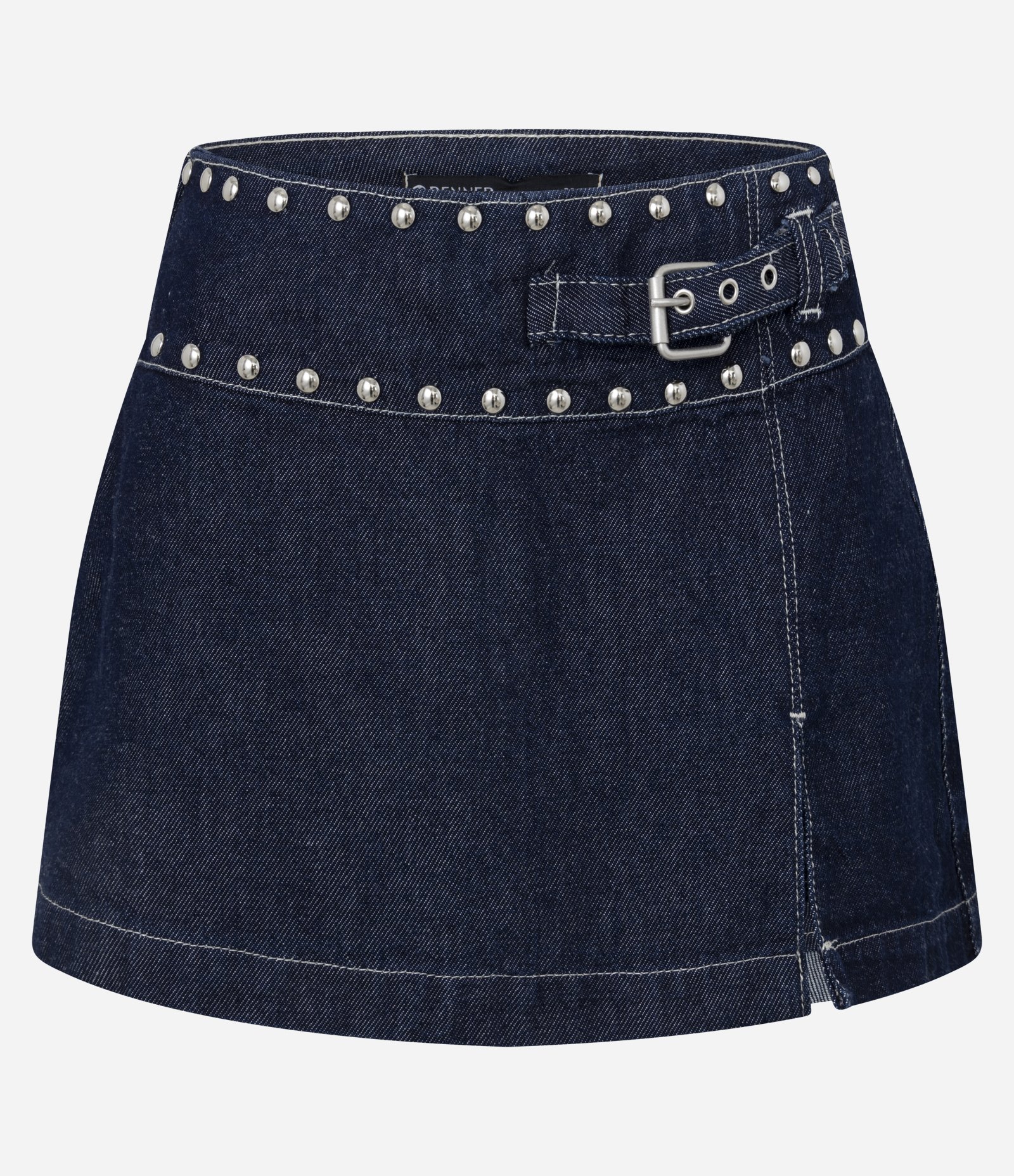 Short Saia em Jeans com Tachas e Cintura Baixa Azul Escuro 1