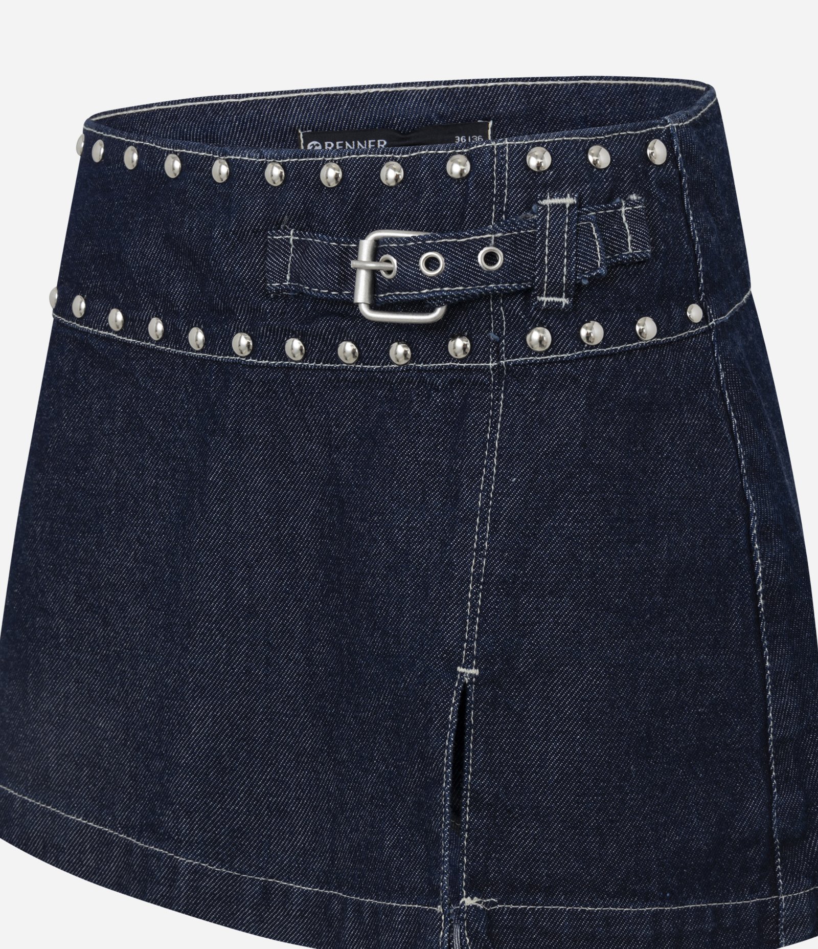 Short Saia em Jeans com Tachas e Cintura Baixa Azul Escuro 2