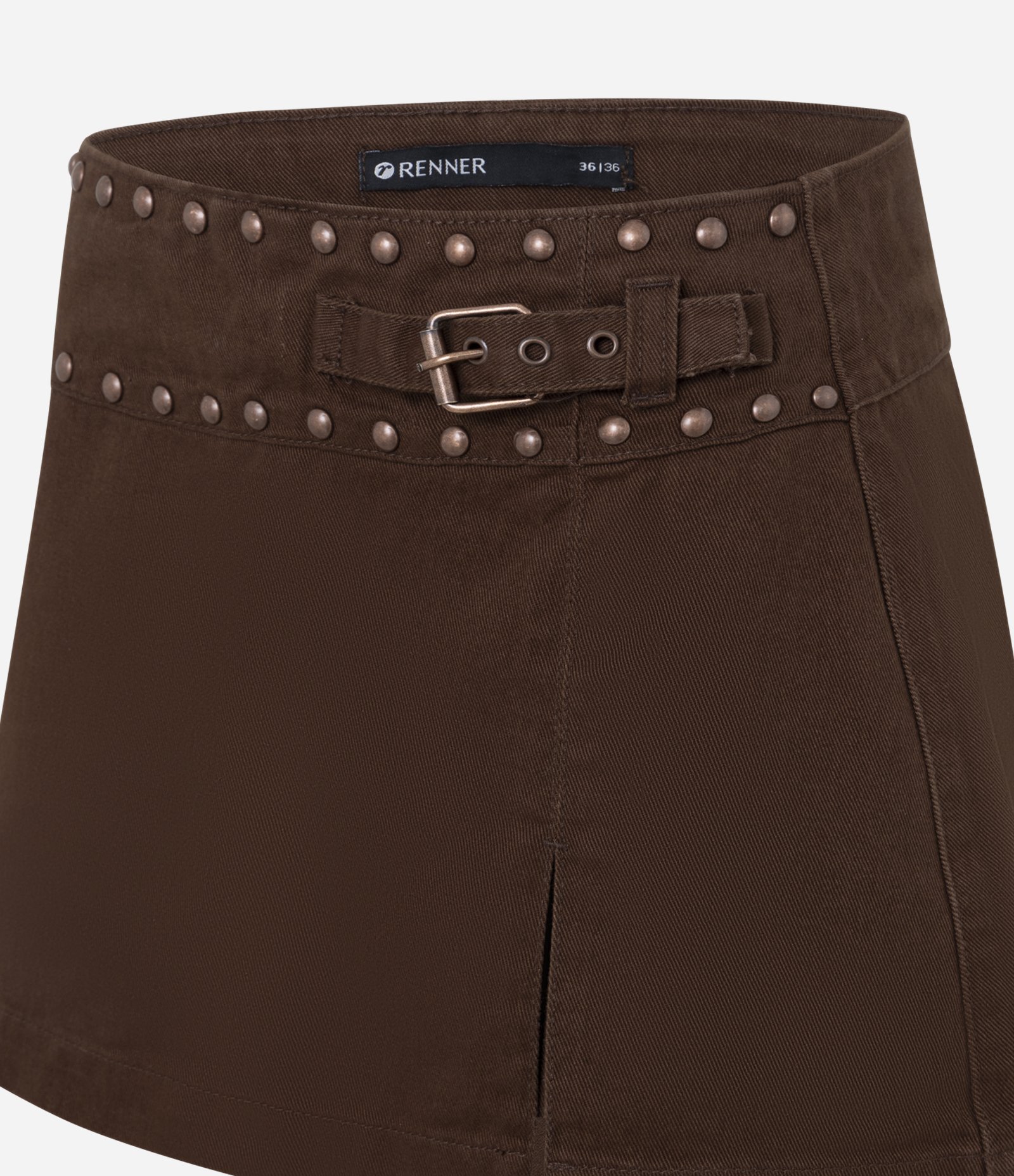 Short Saia em Sarja com Cintura Baixa e Fivela Lateral Marrom Escuro 6