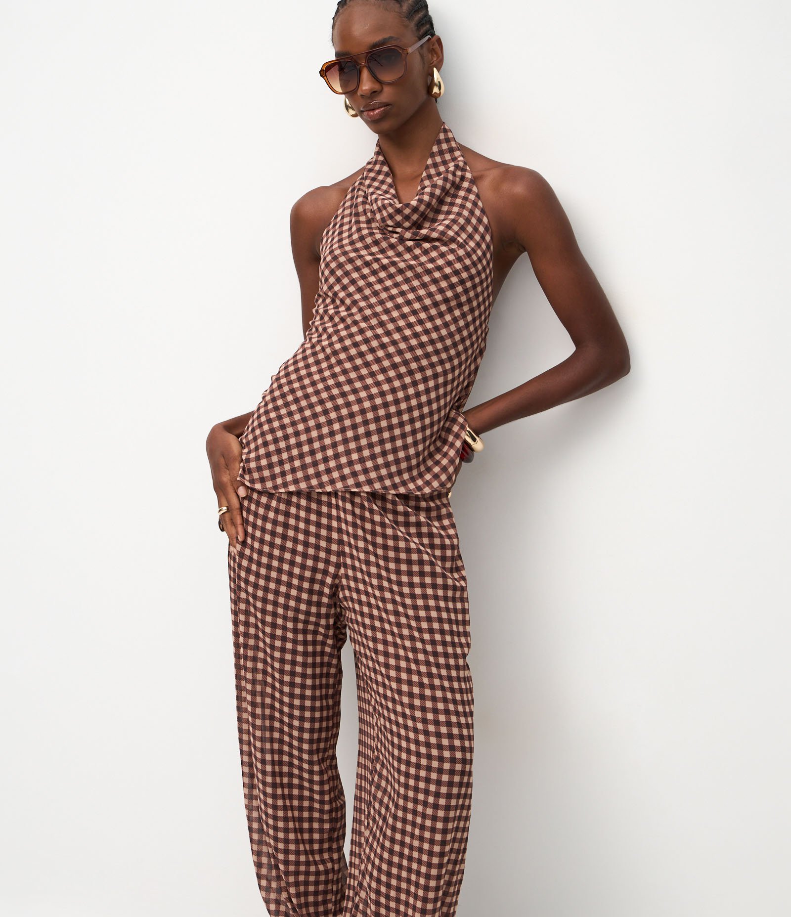 Calça Aladim em Chiffon Xadrez Vinho 2