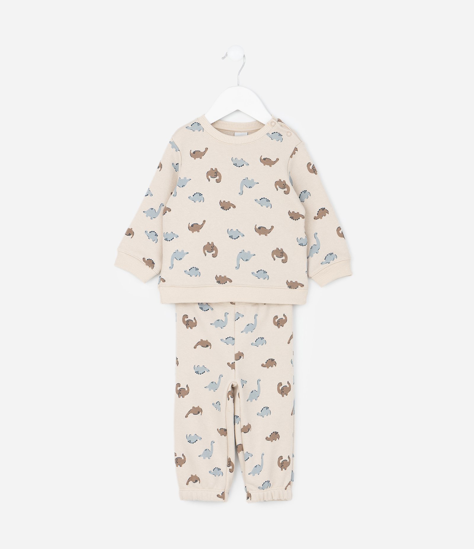 Conjunto Infantil com Casaco Dinossauro e Calça Jogger – Tam RN a 18 Meses Bege Claro 1