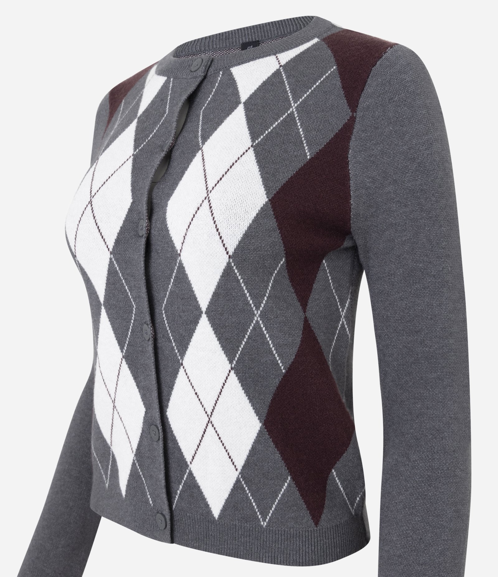 Blusa em Tricô Xadrez com Botões Frontais Cinza 2