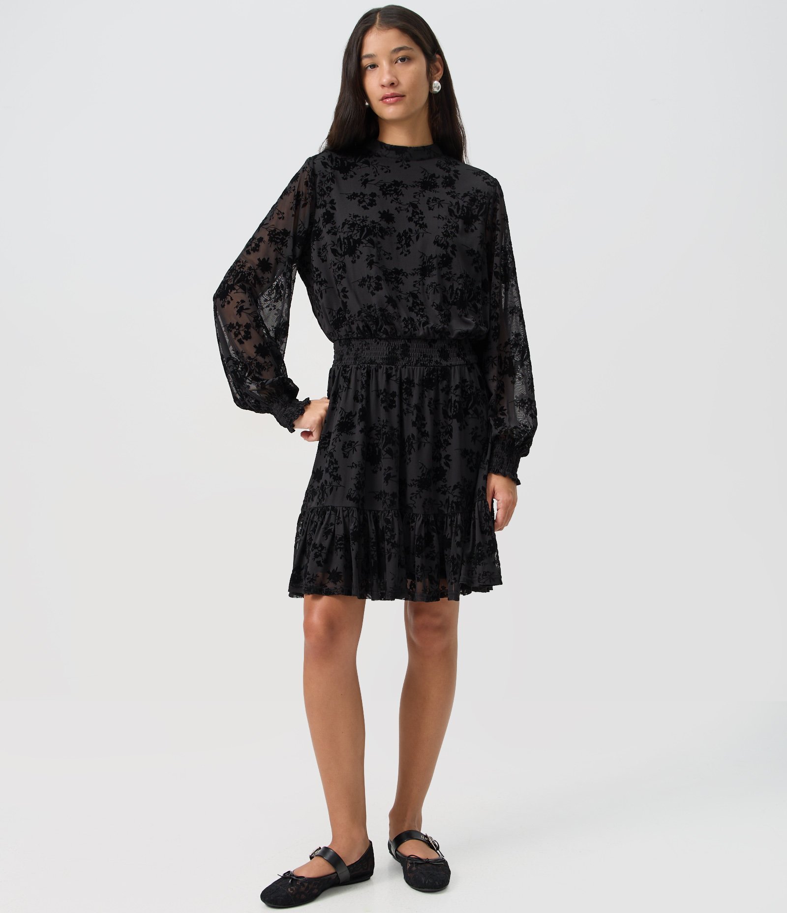 Vestido Curto em Tule Floral Flocado Preto 2
