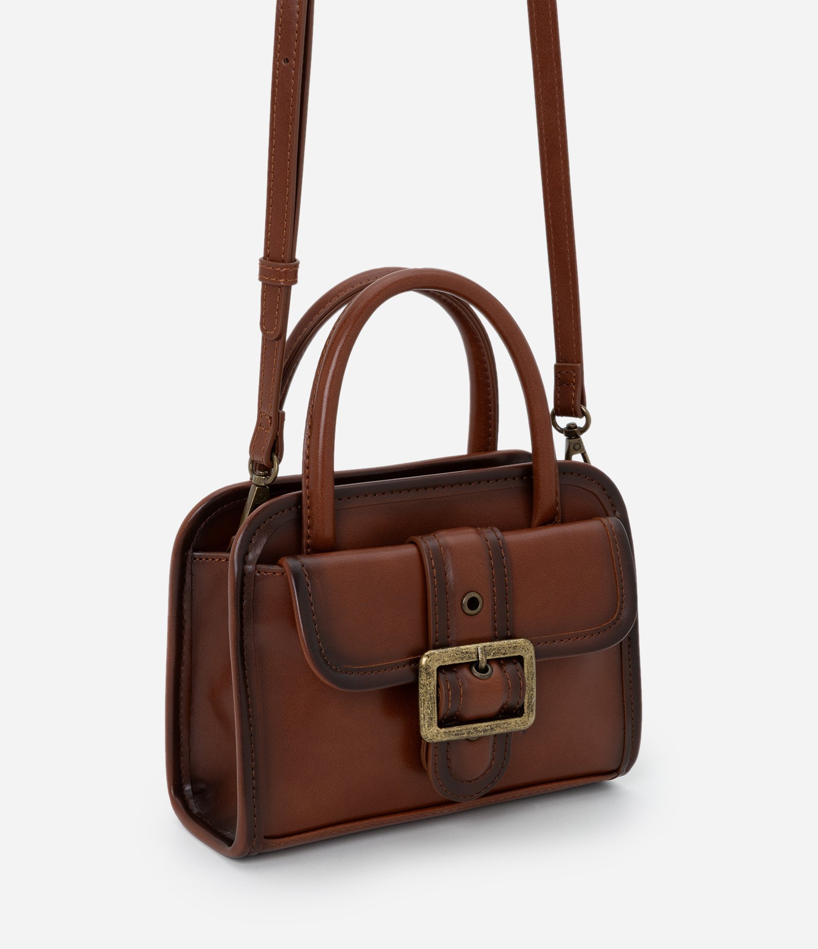 Bolsa Pequena Estruturada em PU com Metais Envelhecido Marrom 1