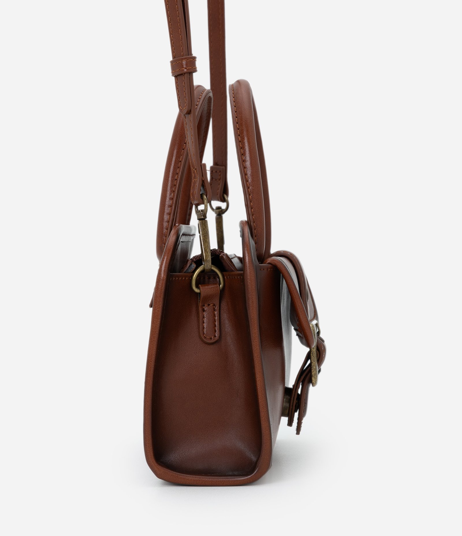 Bolsa Pequena Estruturada em PU com Metais Envelhecido Marrom 2