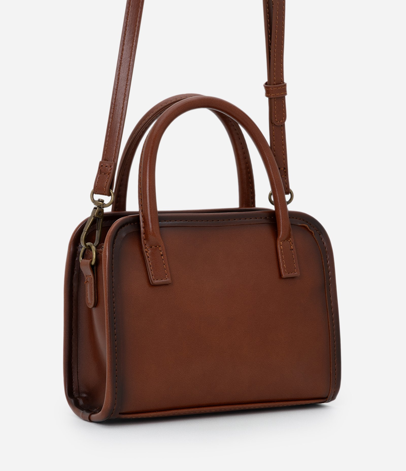 Bolsa Pequena Estruturada em PU com Metais Envelhecido Marrom 3