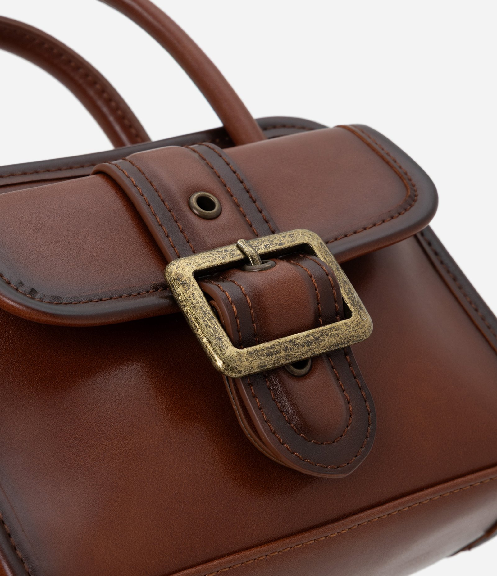 Bolsa Pequena Estruturada em PU com Metais Envelhecido Marrom 5