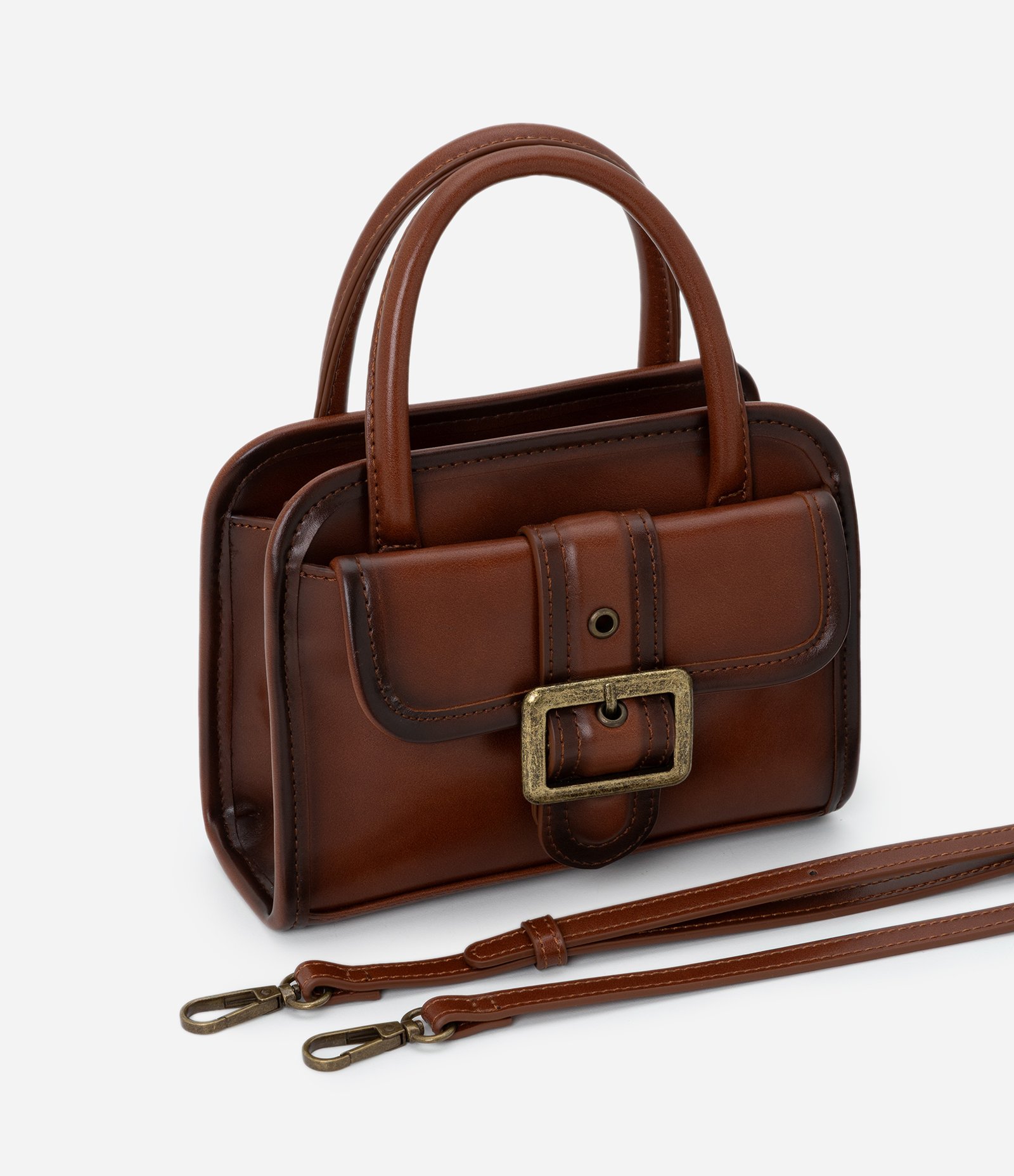 Bolsa Pequena Estruturada em PU com Metais Envelhecido Marrom 7