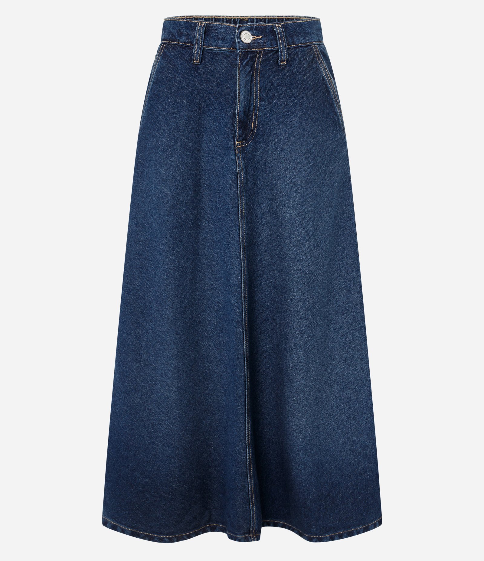 Saia Midi Evasê em Jeans com Recorte no Viés Azul Escuro 5