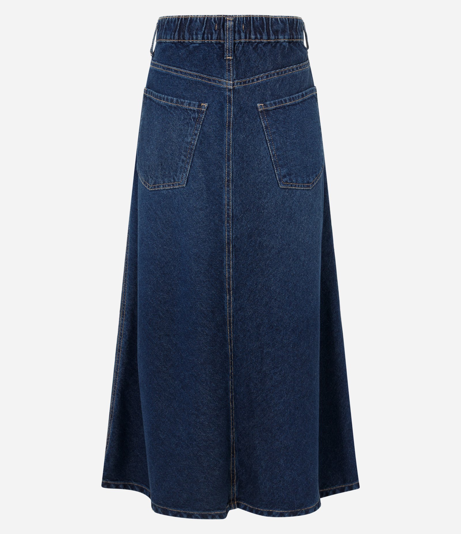 Saia Midi Evasê em Jeans com Recorte no Viés Azul Escuro 6