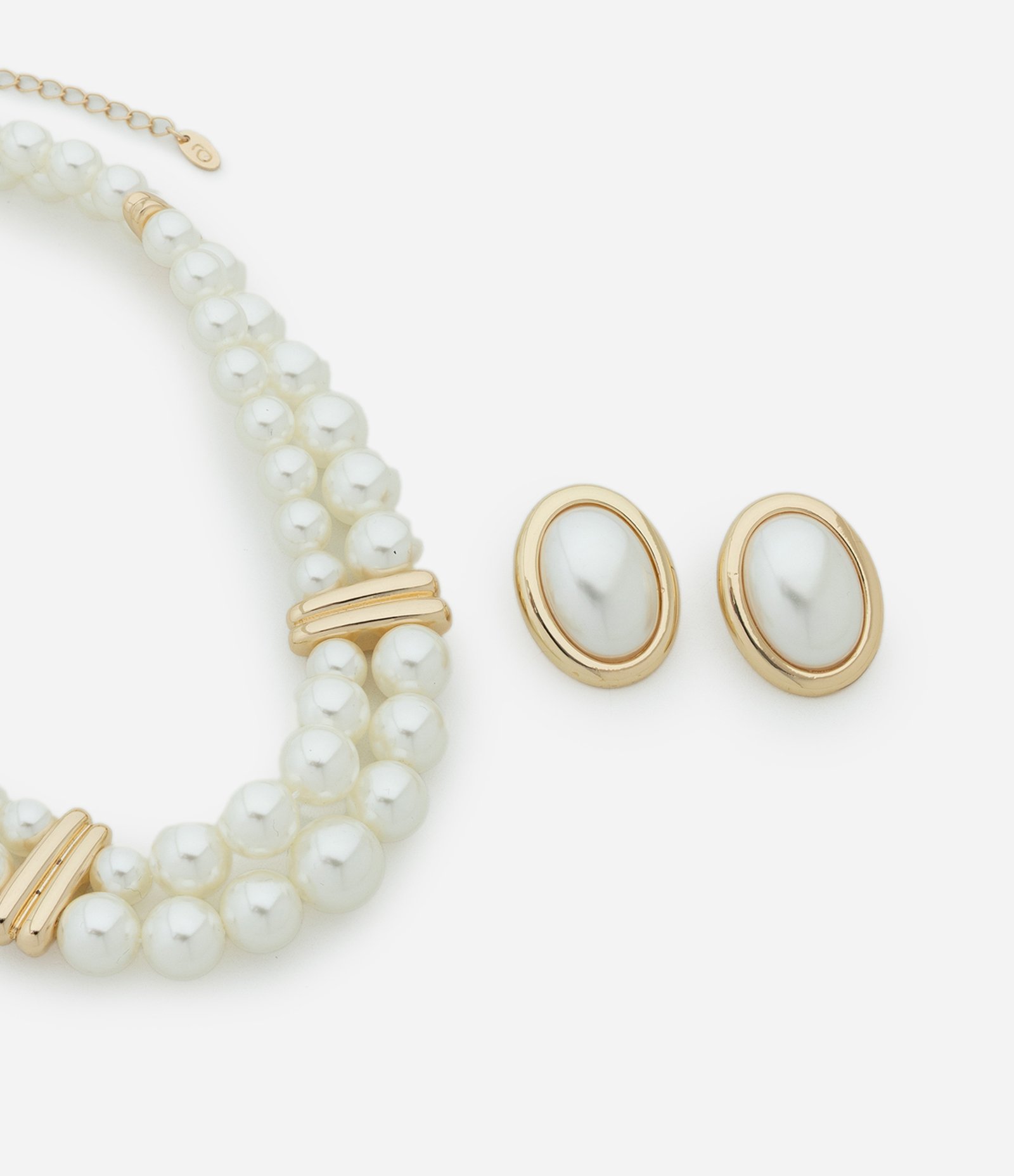 Conjunto de Colar e Brincos de Pérola com Detalhes Metalizados Branco 2