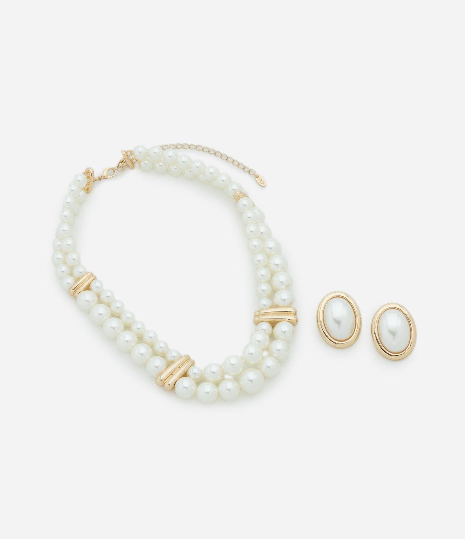 Conjunto de Colar e Brincos de Pérola com Detalhes Metalizados Branco 3