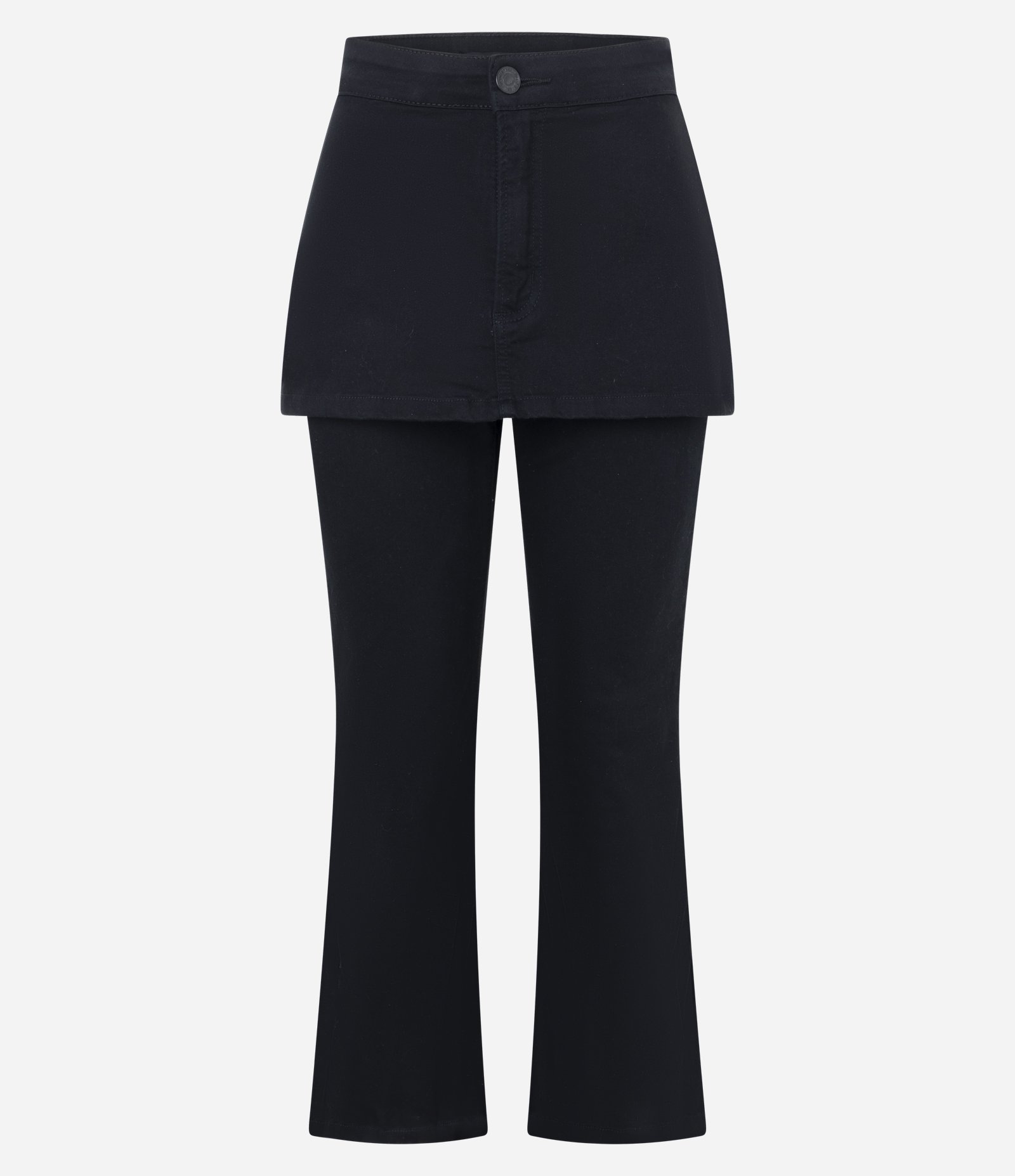Calça Cropped em Jeans com Saia Sobreposta Preto 1