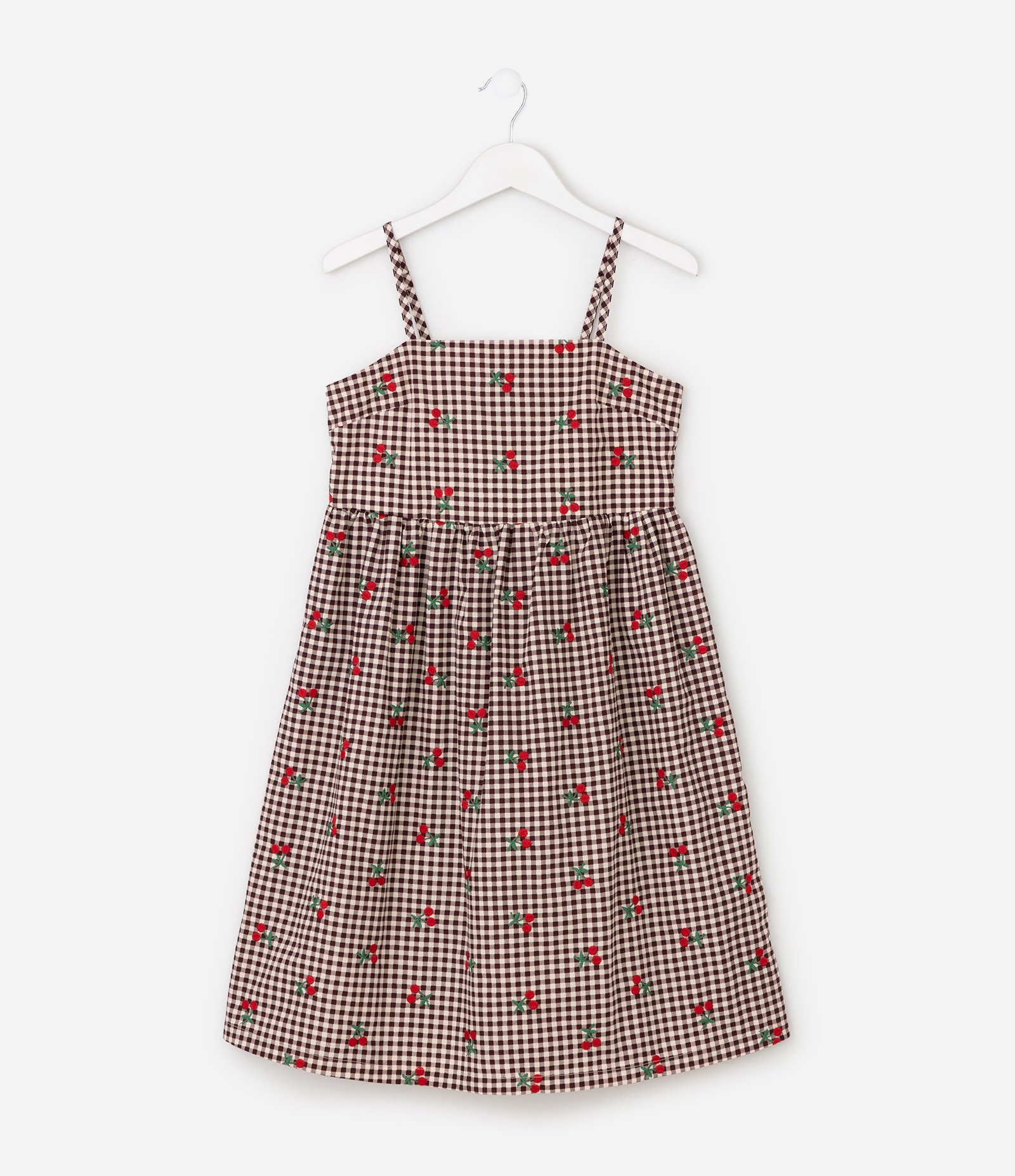 Vestido Infantil em Xadrez Vichy com Bordado de Cerejinhas – Tam 5 a 14 Anos Marrom/Bege 1