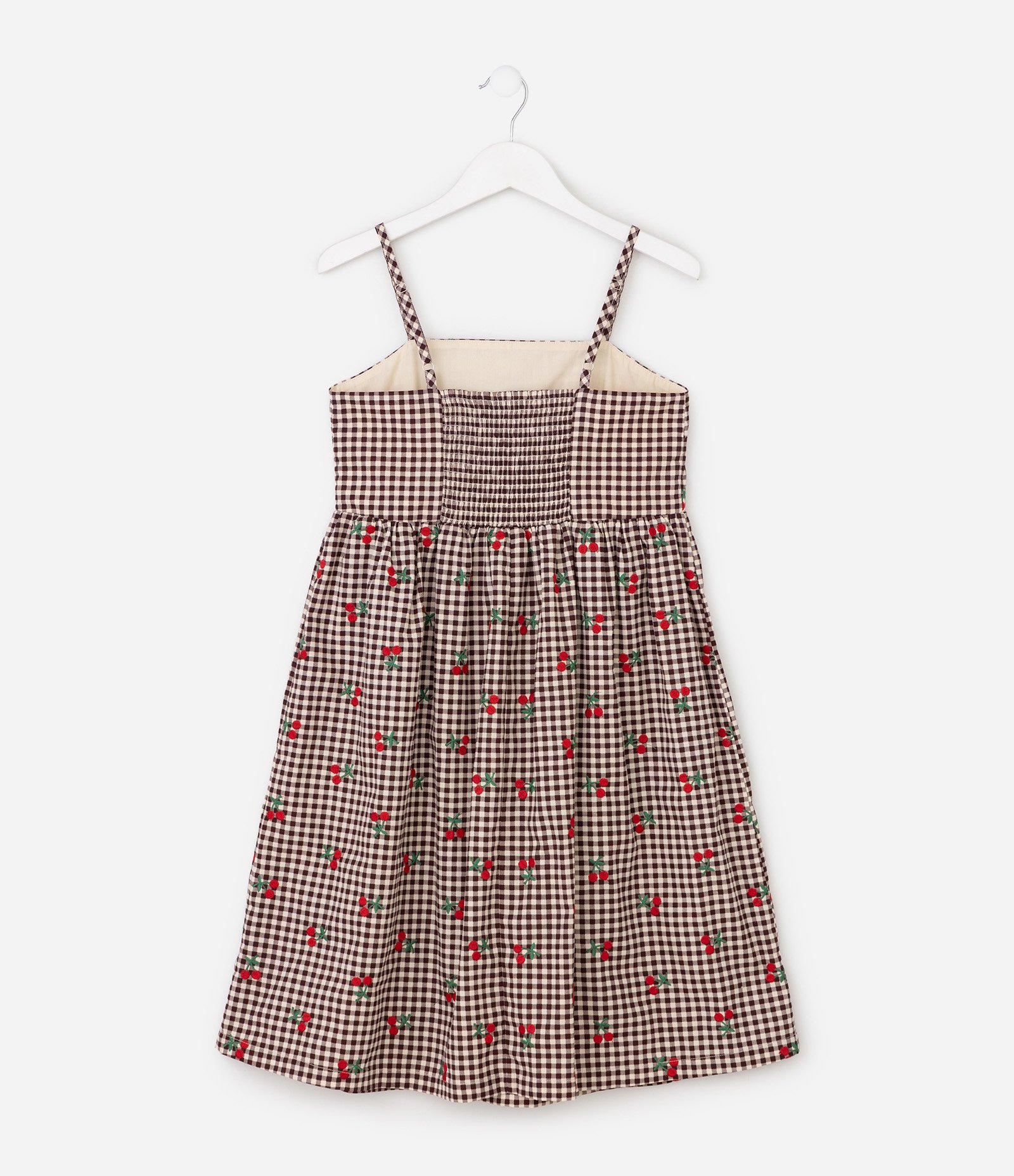 Vestido Infantil em Xadrez Vichy com Bordado de Cerejinhas – Tam 5 a 14 Anos Marrom/Bege 2