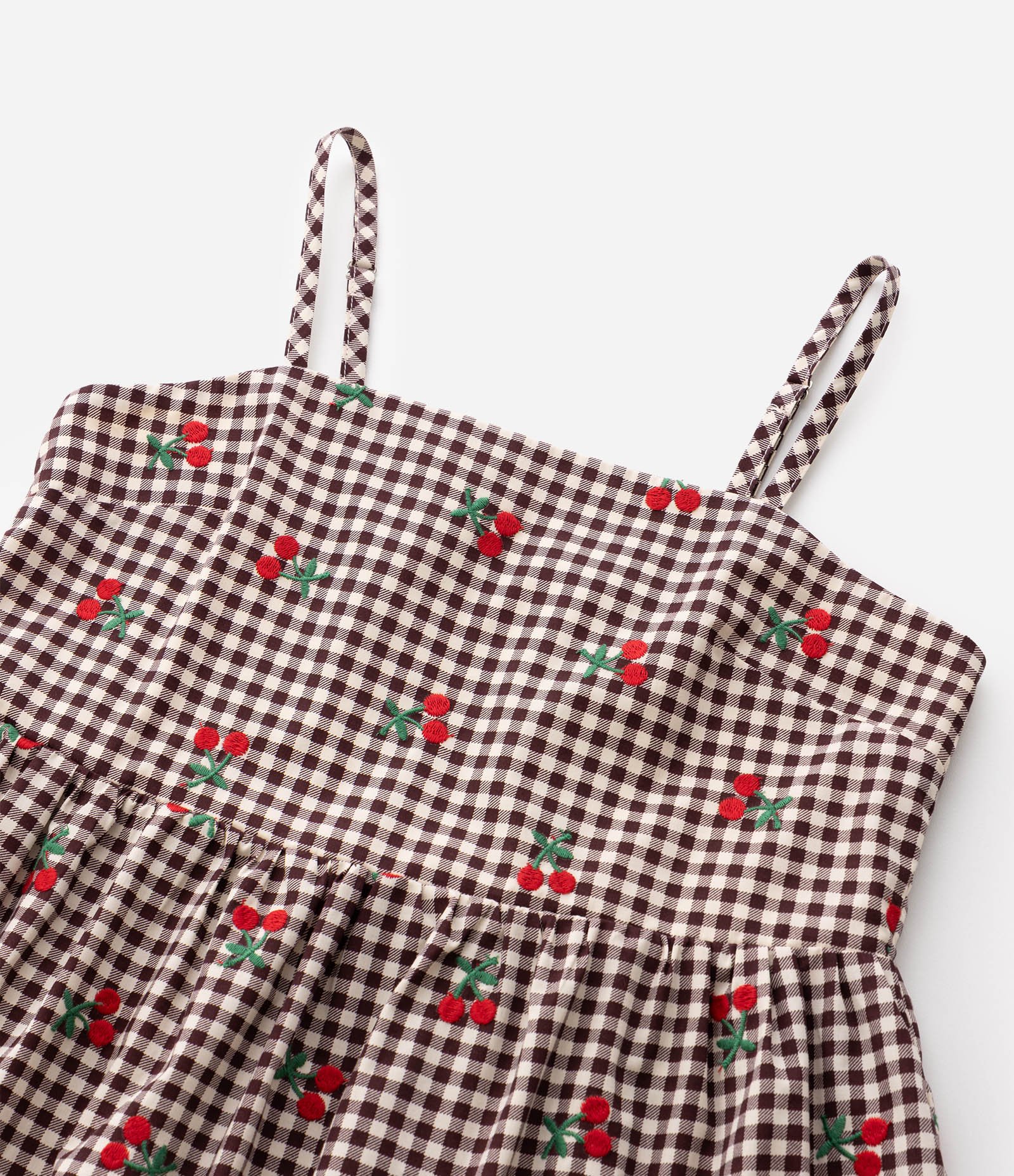 Vestido Infantil em Xadrez Vichy com Bordado de Cerejinhas – Tam 5 a 14 Anos Marrom/Bege 4