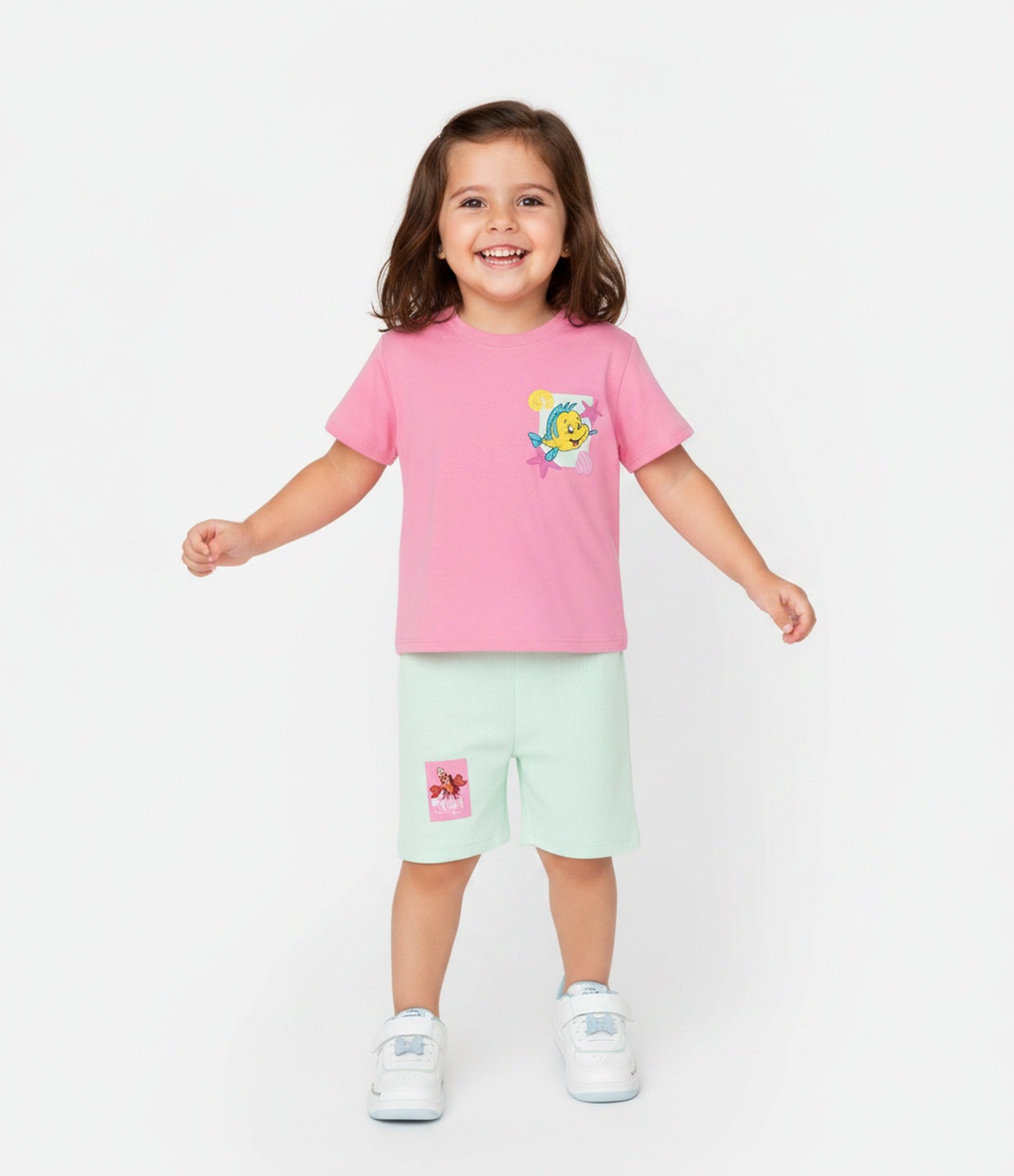 Conjunto Infantil Blusa e Short com Estampa Ariel Pequena Sereia – Tam 1 a 6 Anos Rosa/Verde 1