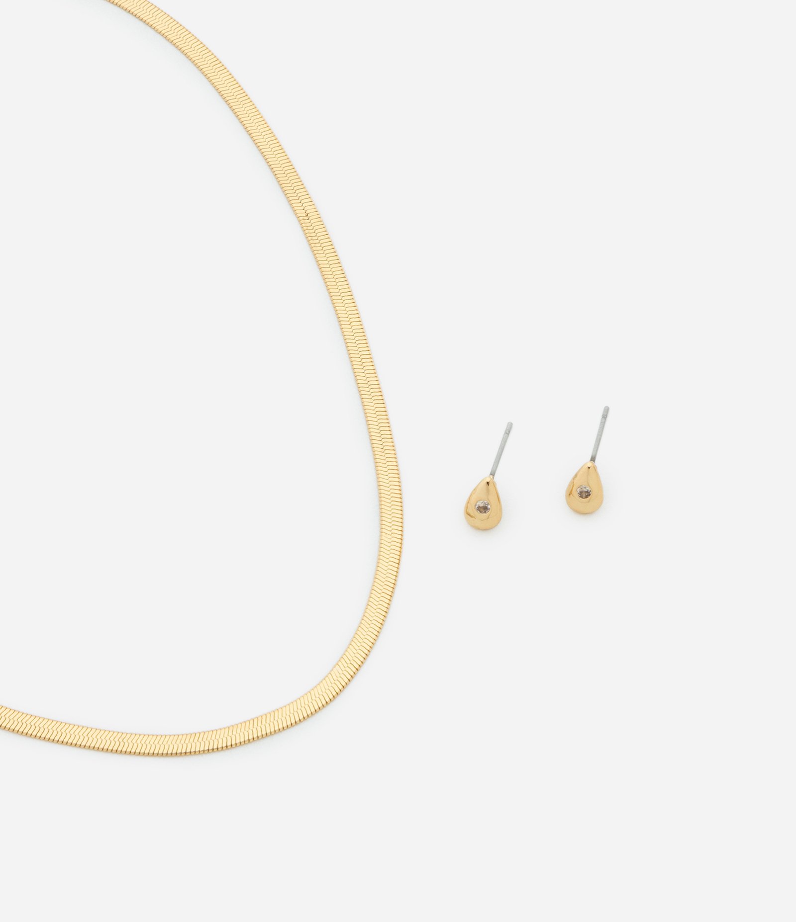 Conjunto de Colar Curto Fita Italiana e Brinco Gota com Zircônia Dourado 1