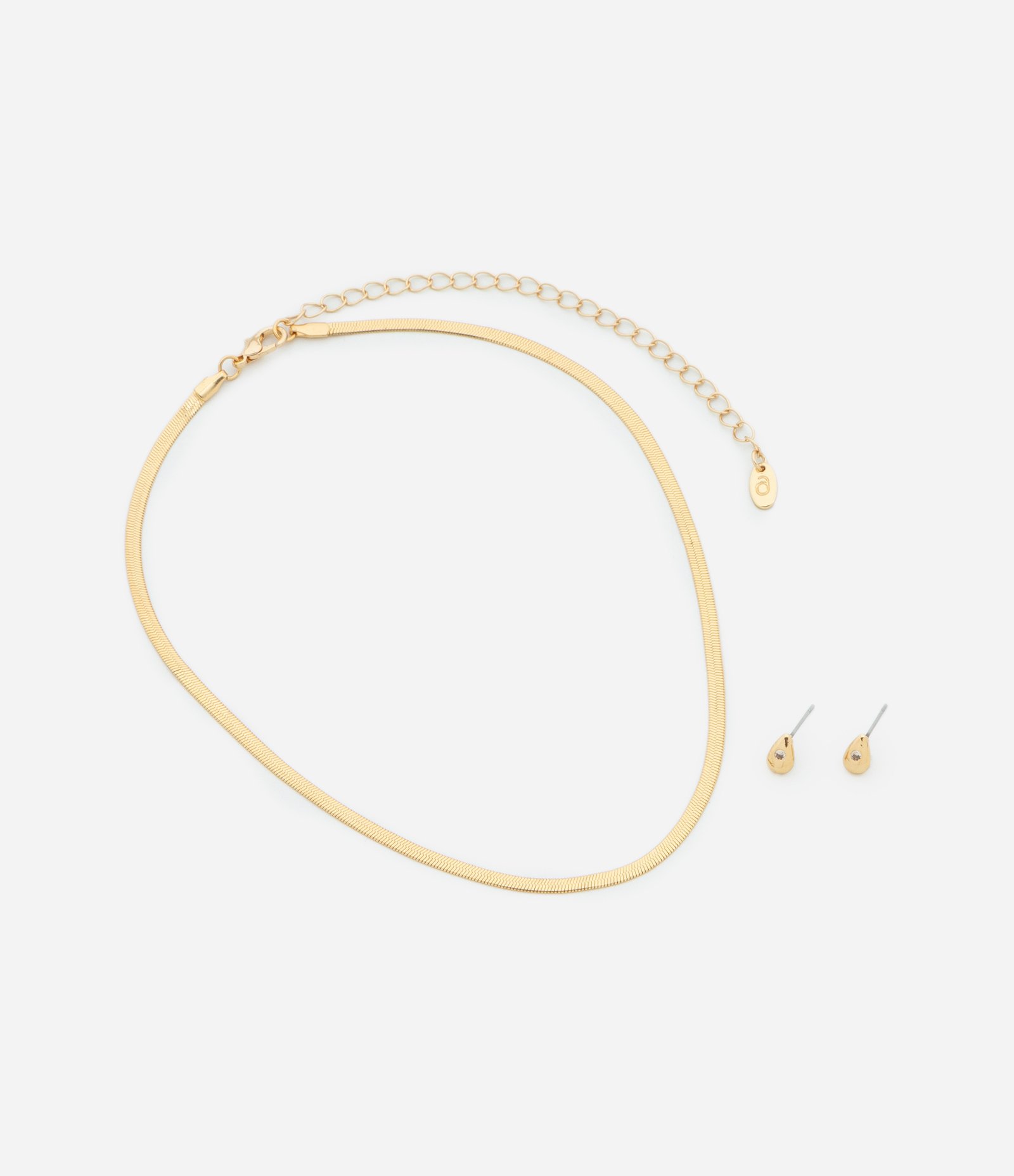 Conjunto de Colar Curto Fita Italiana e Brinco Gota com Zircônia Dourado 2