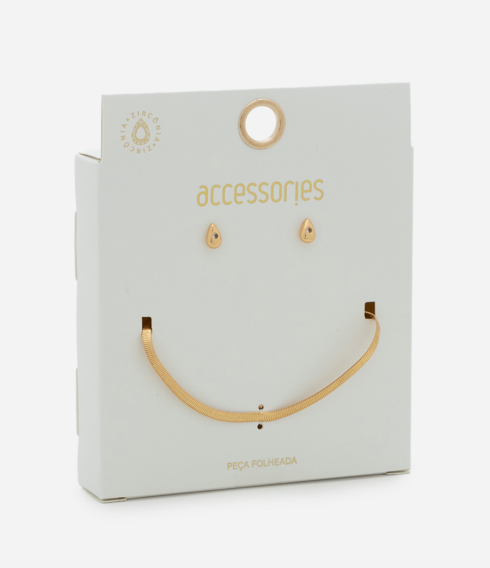 Conjunto de Colar Curto Fita Italiana e Brinco Gota com Zircônia Dourado 3