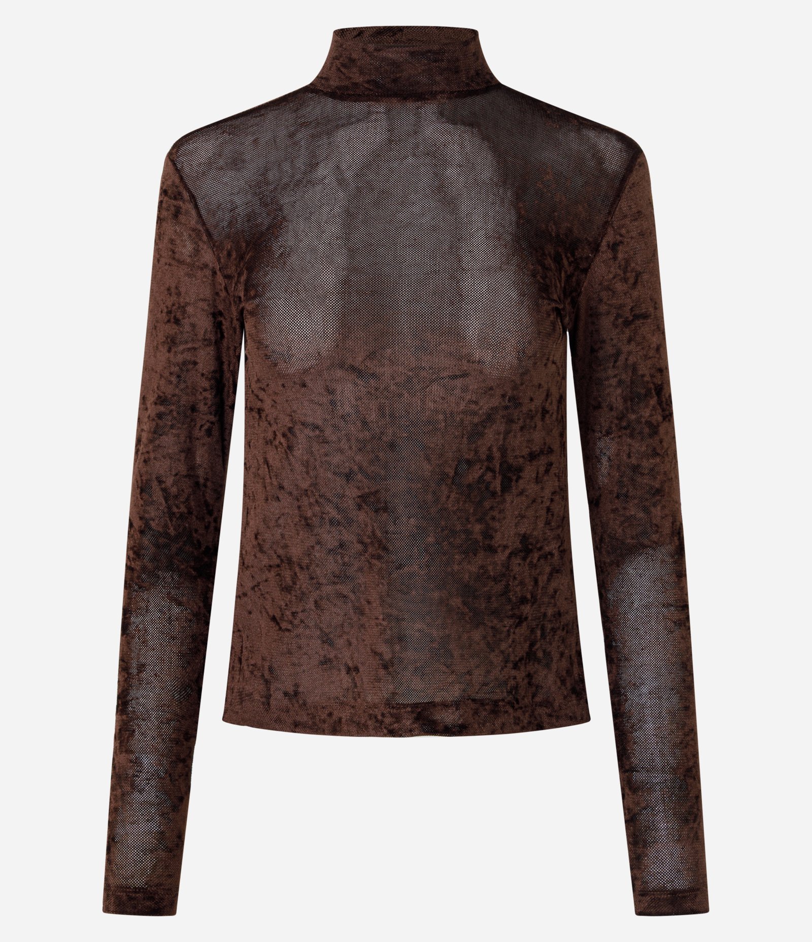 Blusa Manga Longa em Tule Aveludado com Gola Alta Marrom 5
