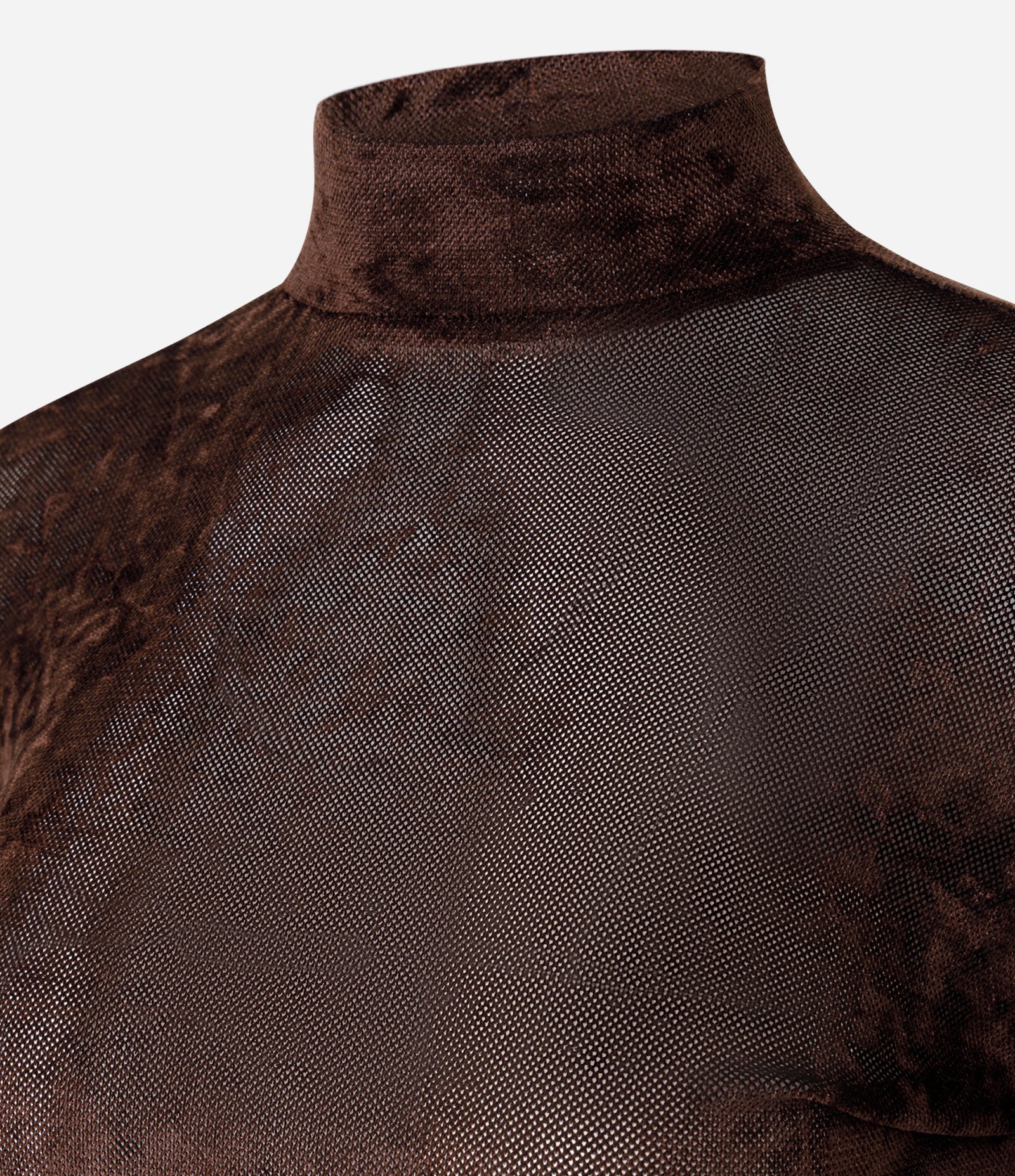 Blusa Manga Longa em Tule Aveludado com Gola Alta Marrom 6