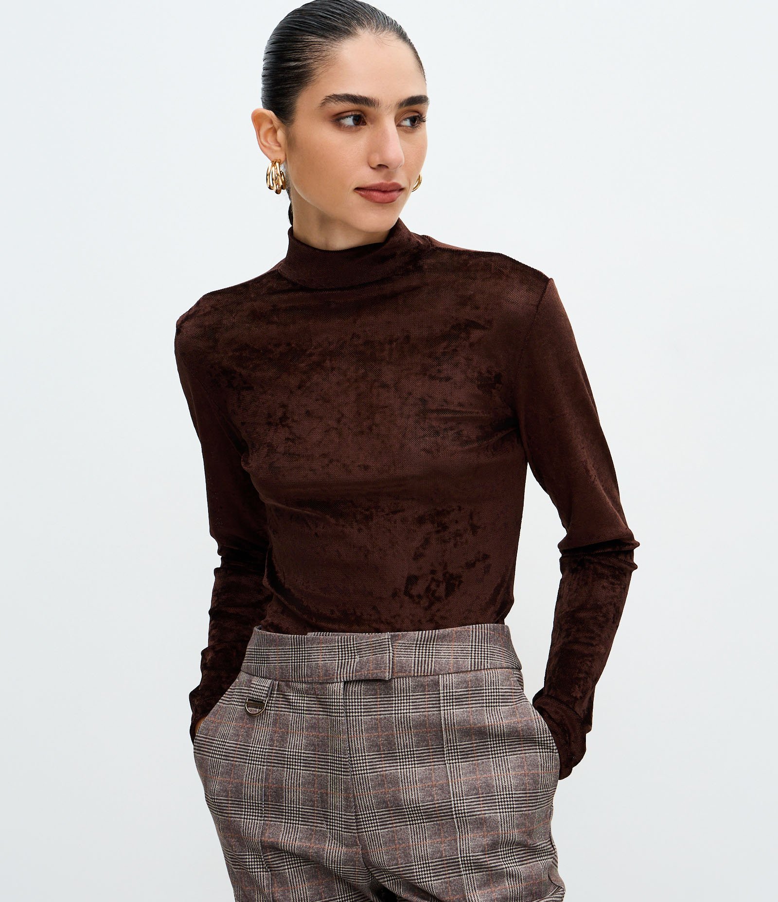 Blusa Manga Longa em Tule Aveludado com Gola Alta Marrom 1