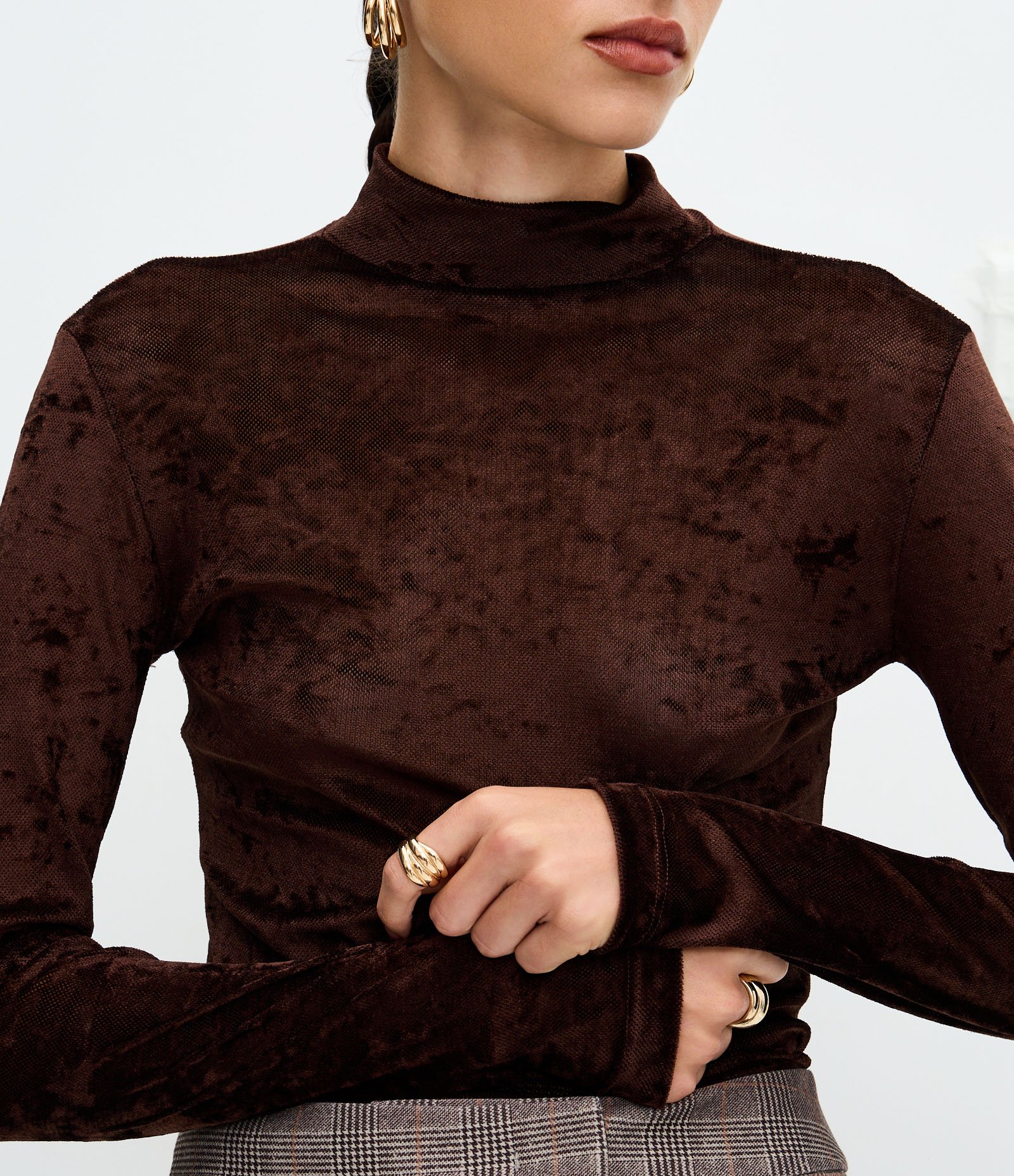 Blusa Manga Longa em Tule Aveludado com Gola Alta Marrom 4