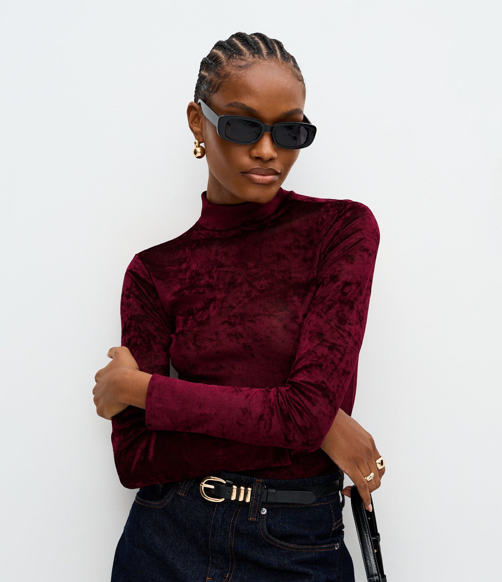 Blusa Manga Longa em Tule Aveludado com Gola Alta Vermelho 1