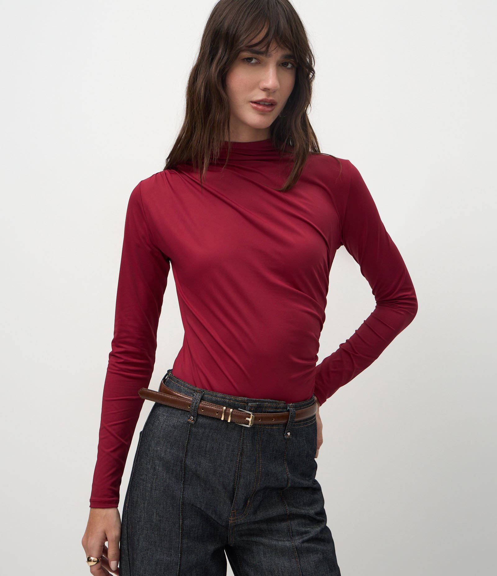 Body em Poliamida com Manga Longa e Franzidos Vermelho 1