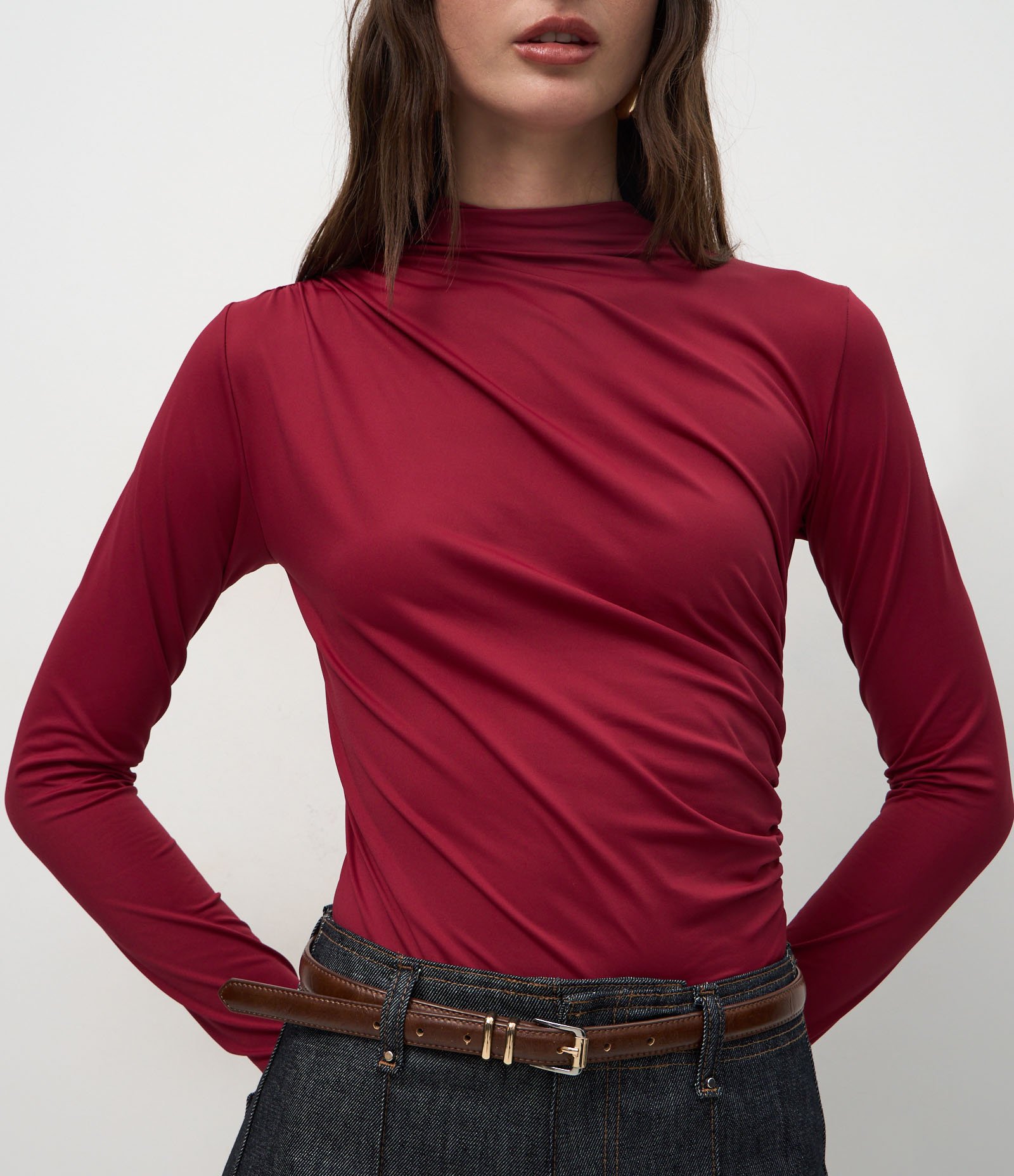 Body em Poliamida com Manga Longa e Franzidos Vermelho 4