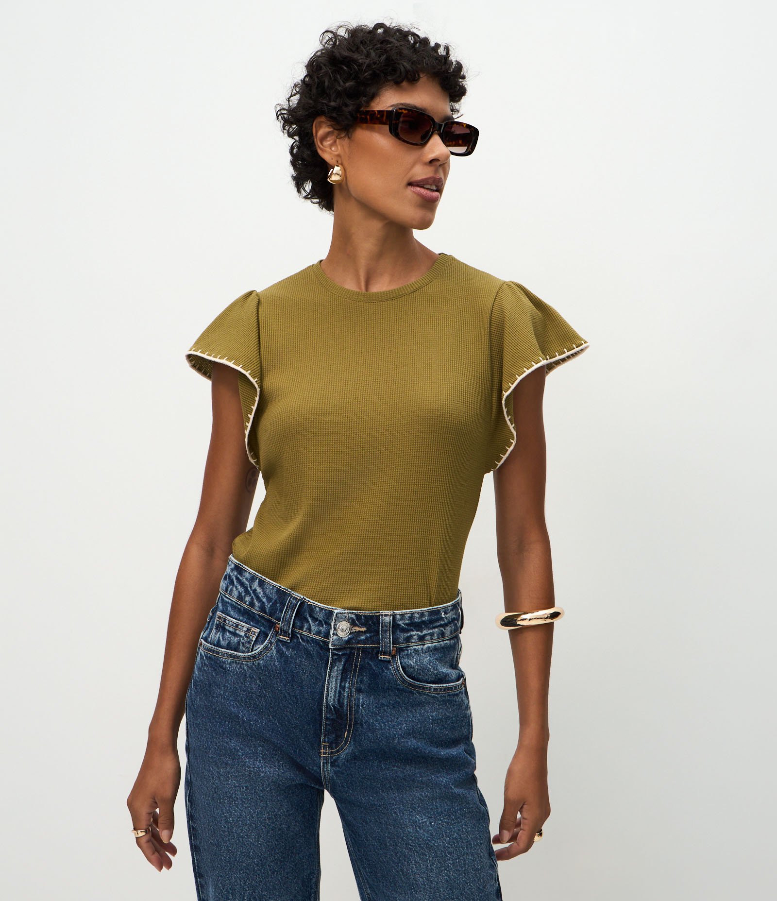 Blusa Manga Curta Texturizada com Bordado nas Mangas Verde 2