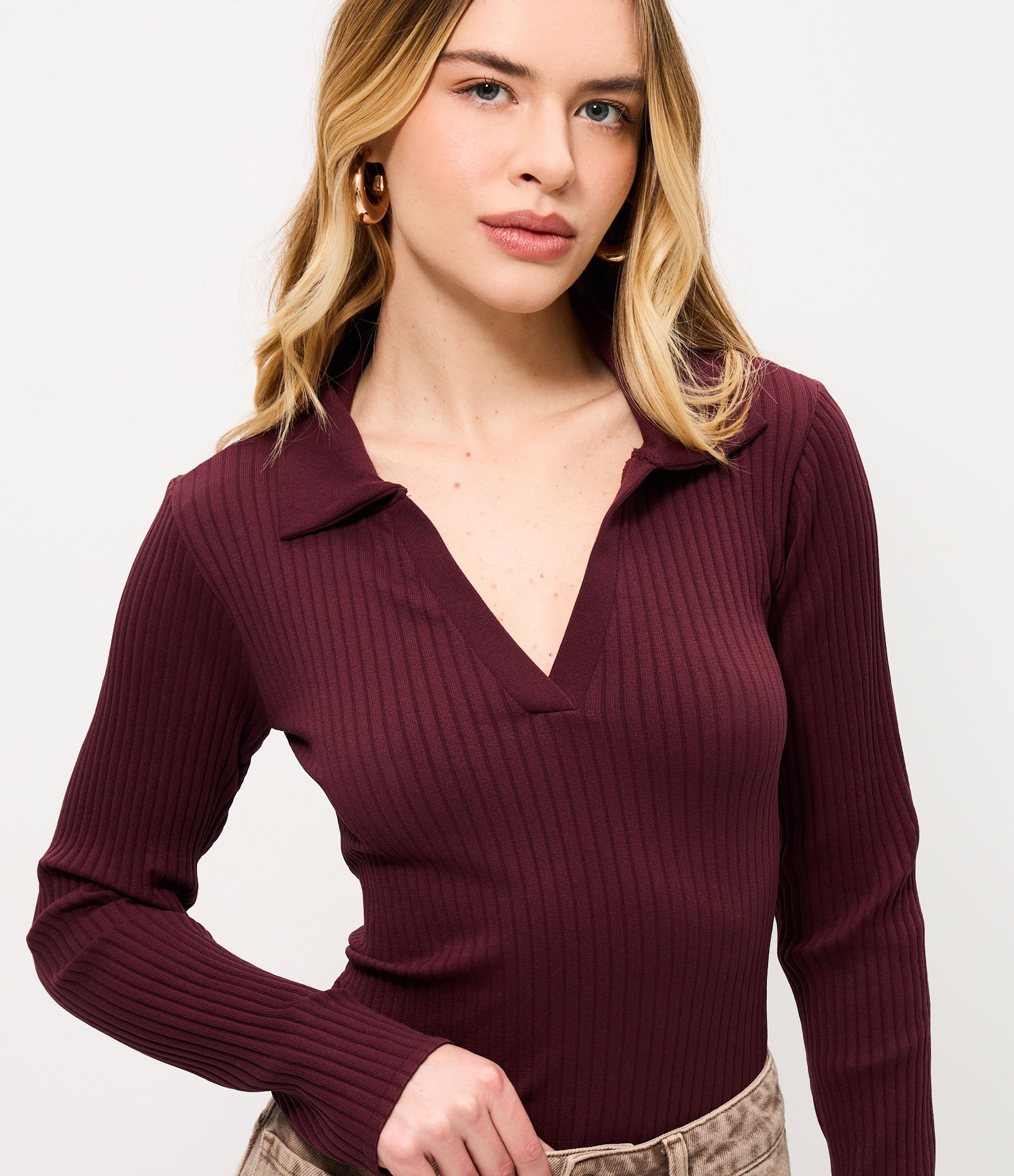 Blusa Seamless Manga Longa em Microfibra com Gola Polo Vinho 1