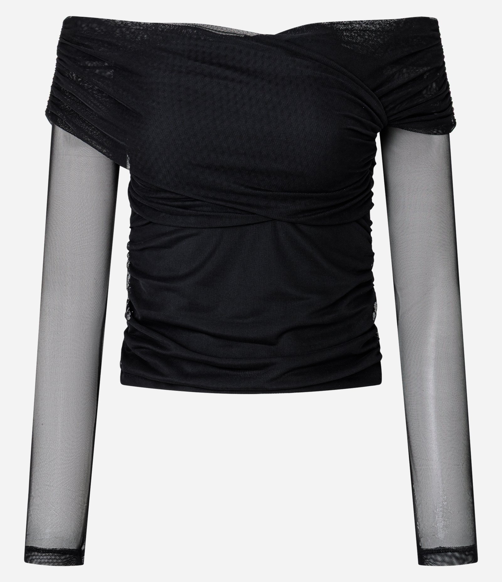 Blusa em Tule com Decote Ombro a Ombro Transpassado Preto 1