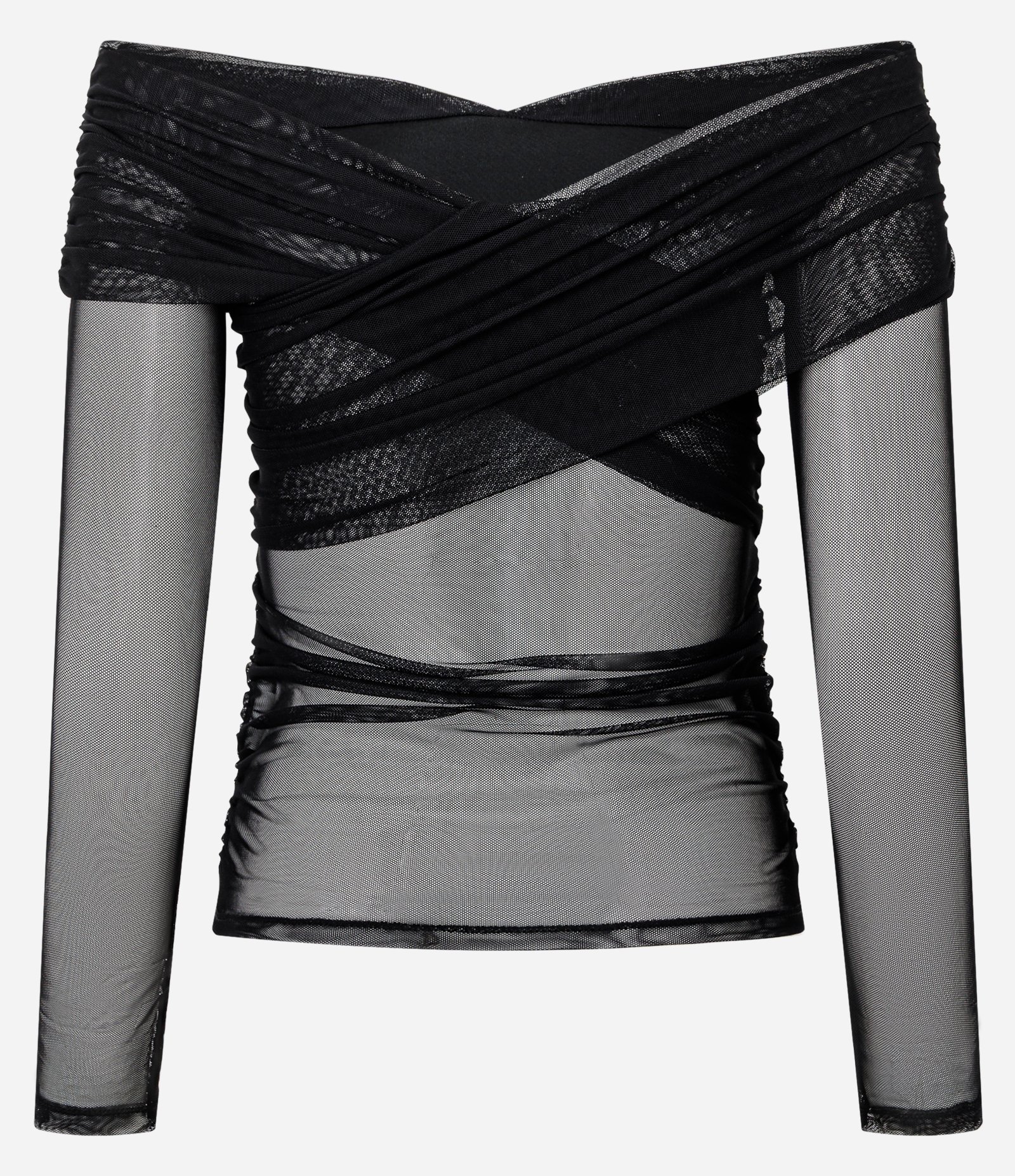 Blusa em Tule com Decote Ombro a Ombro Transpassado Preto 3
