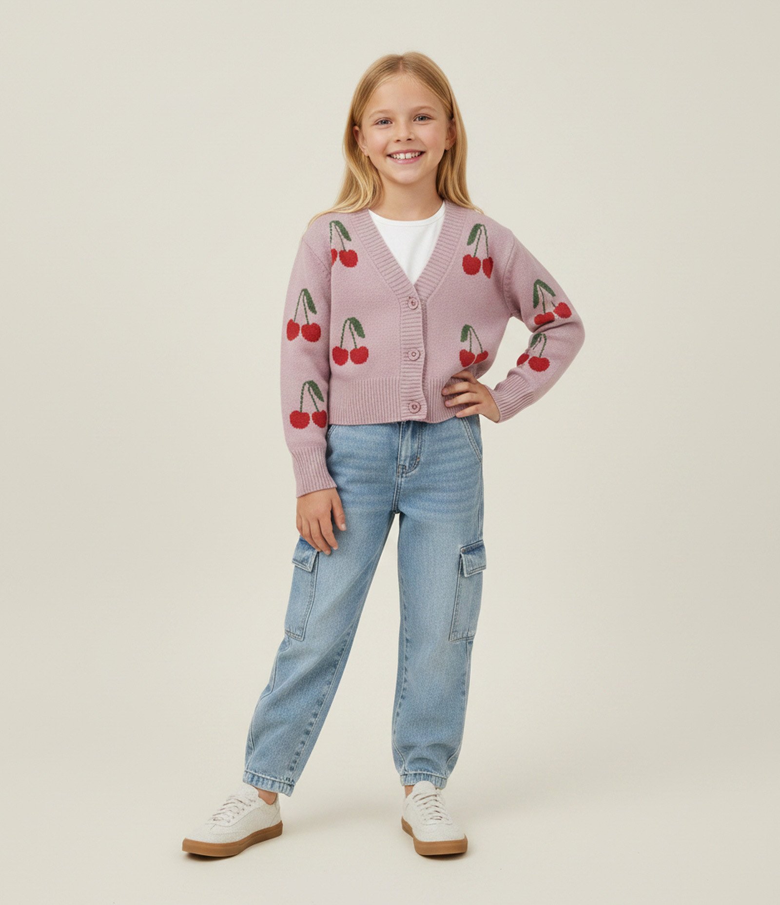 Cardigan Retilínea Jacquard Estampa Cereja - Tam 5 a 14 Anos Rosa 1