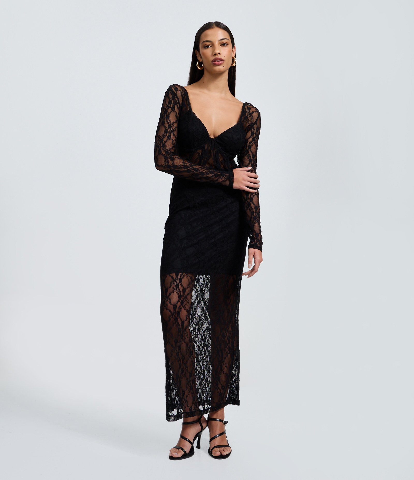 Vestido New Midi em Renda com Transparência Preto 1