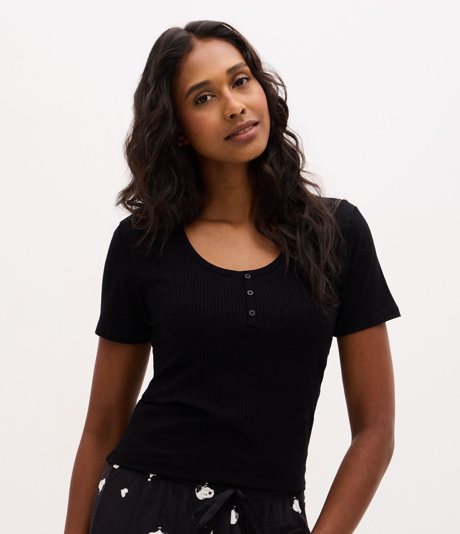 Blusa de Pijama em Ribana com Botões no Decote Preto 1