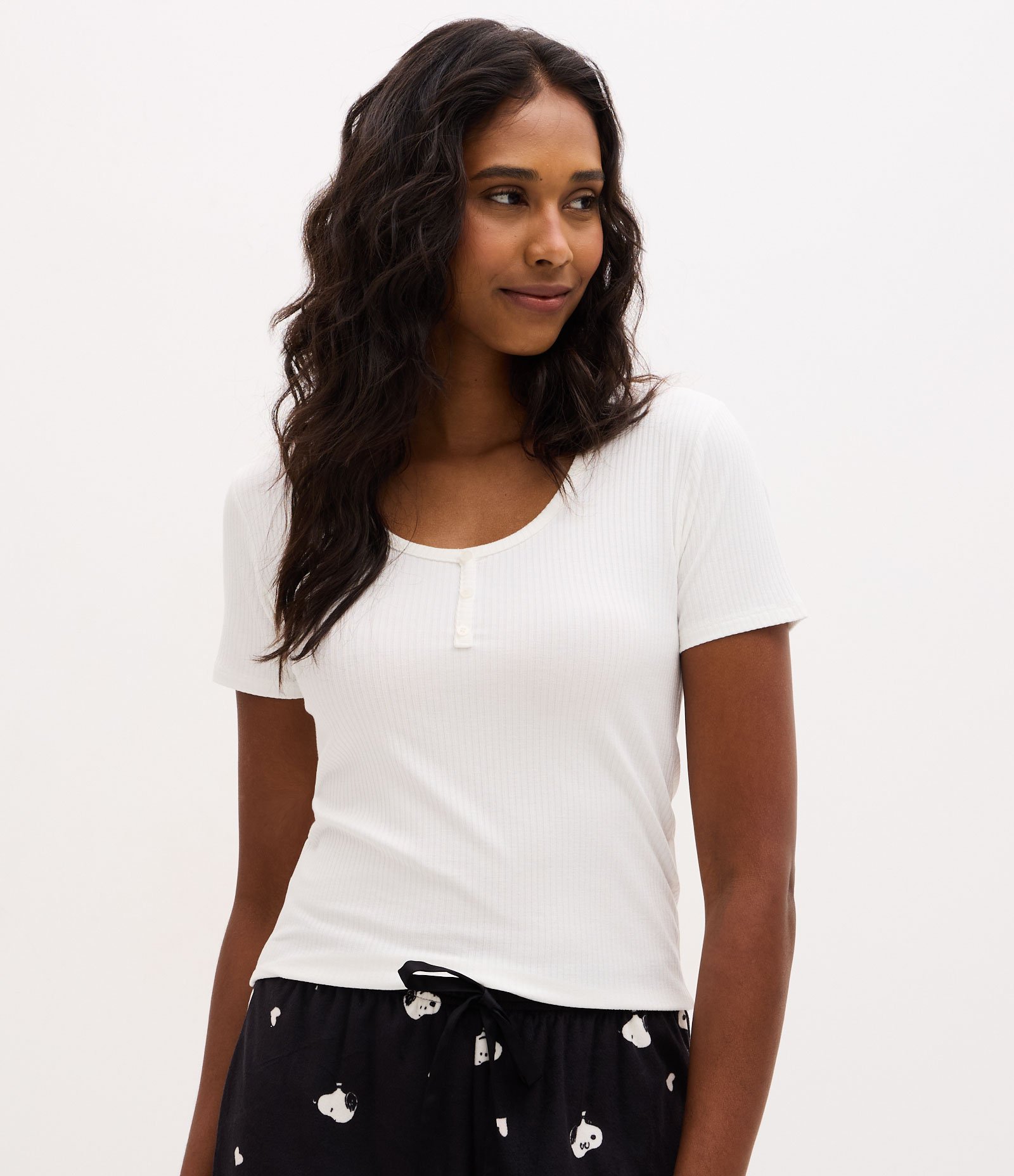 Blusa de Pijama em Ribana com Botões no Decote Branco 1