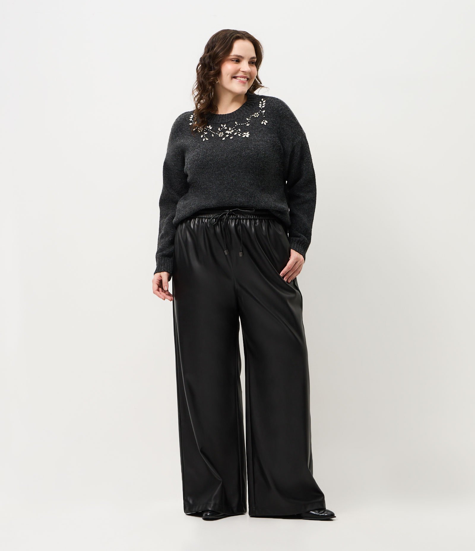 Calça PU Wide com Cós Elástico Curve & Plus Size Preto 1