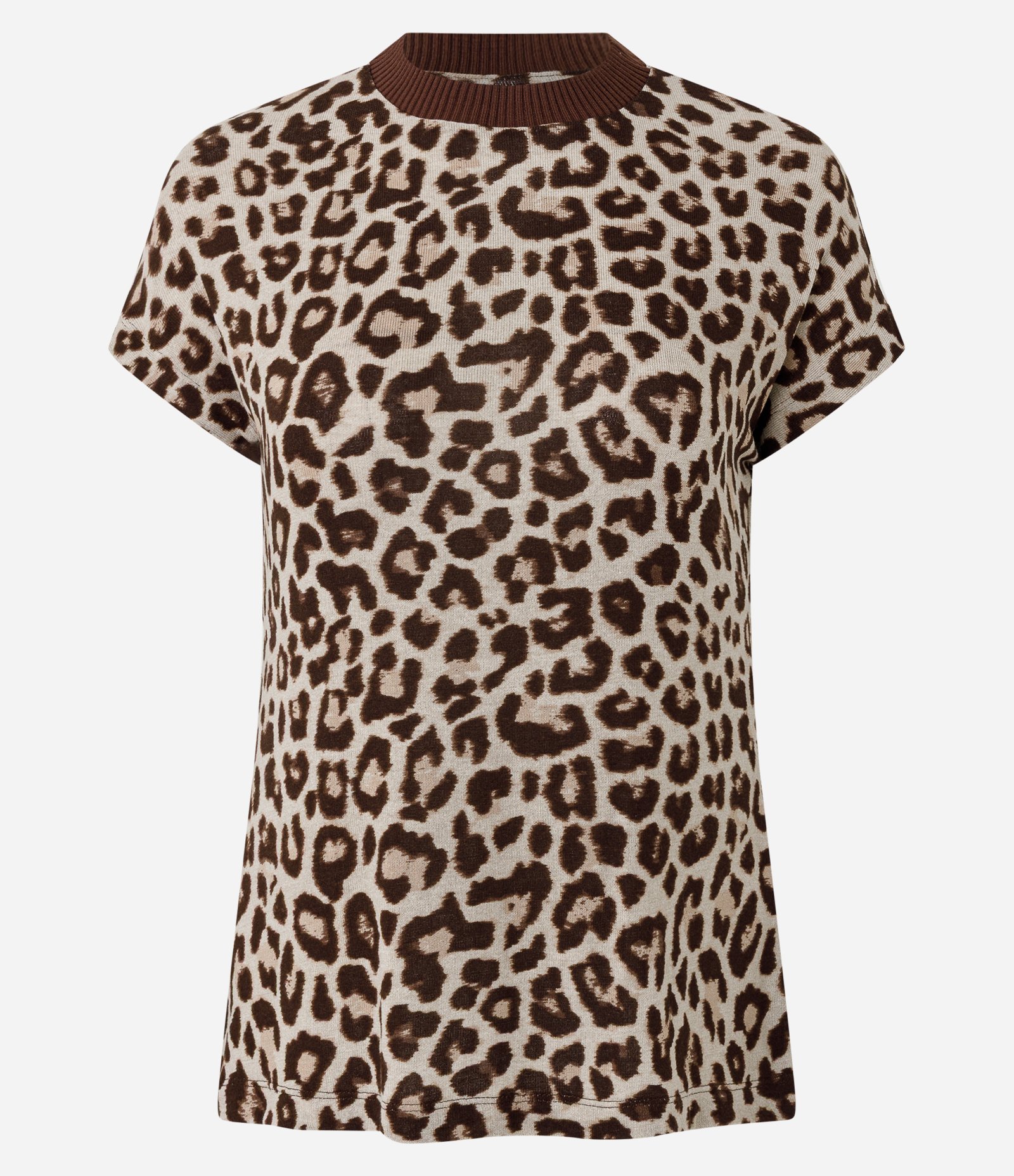 Camiseta Regular em Tricô com Gola Alta e Estampa Animal Print Bege/Marrom 1