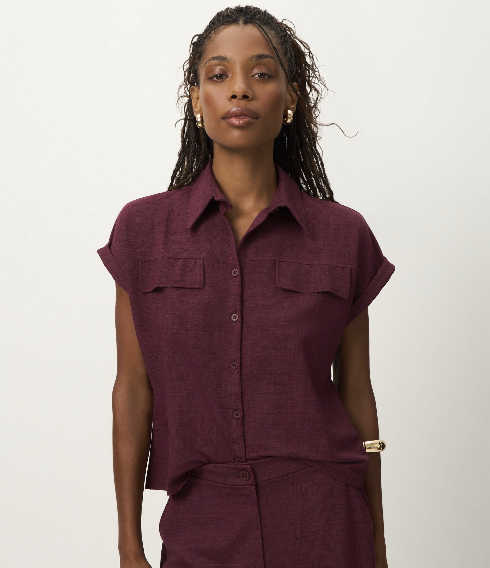 Camisa em Piquet com Lapelas e Dobra na Manga Curta Bordô 1