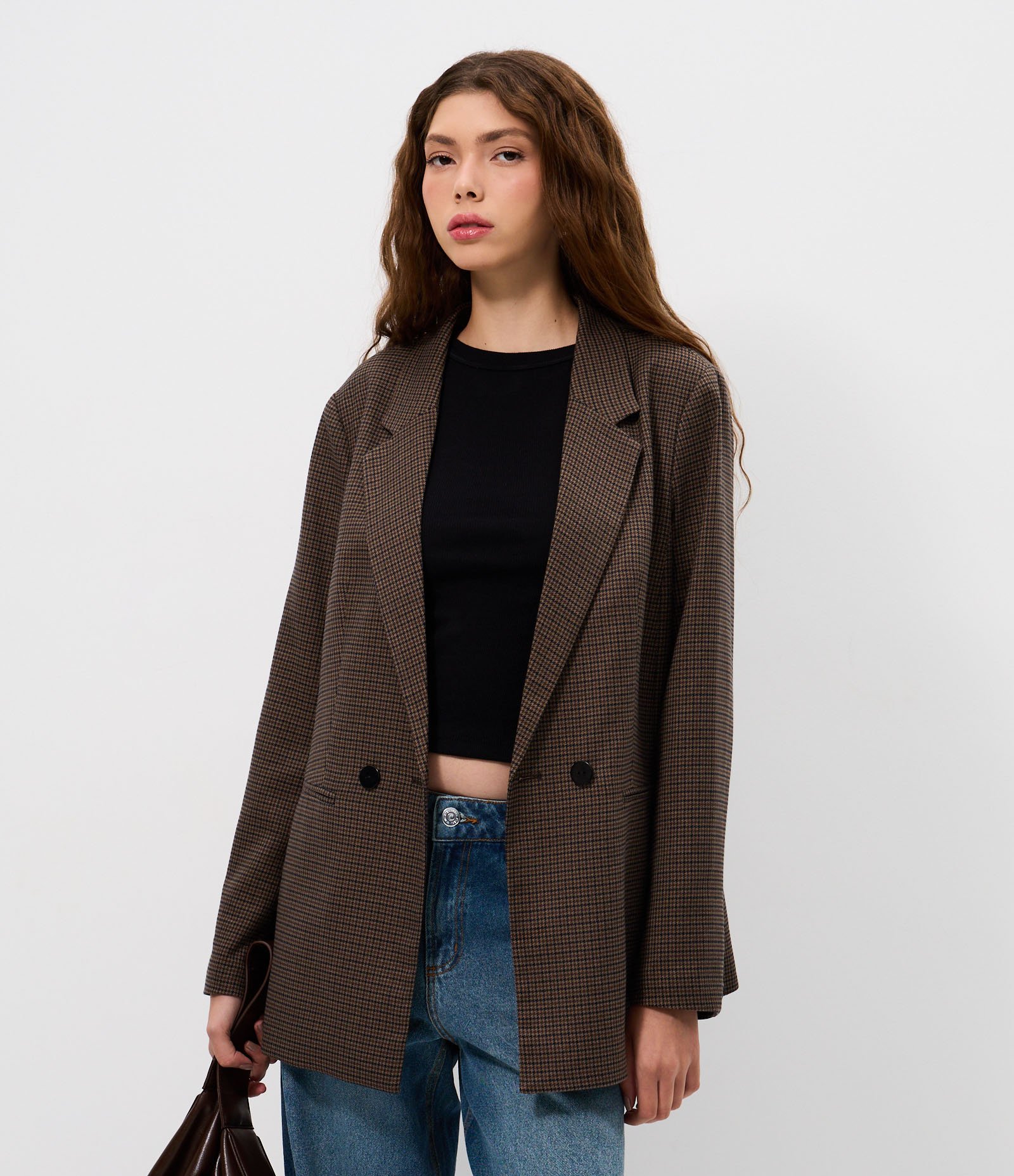 Blazer Alongado Alfaiatado Xadrez Marrom 1