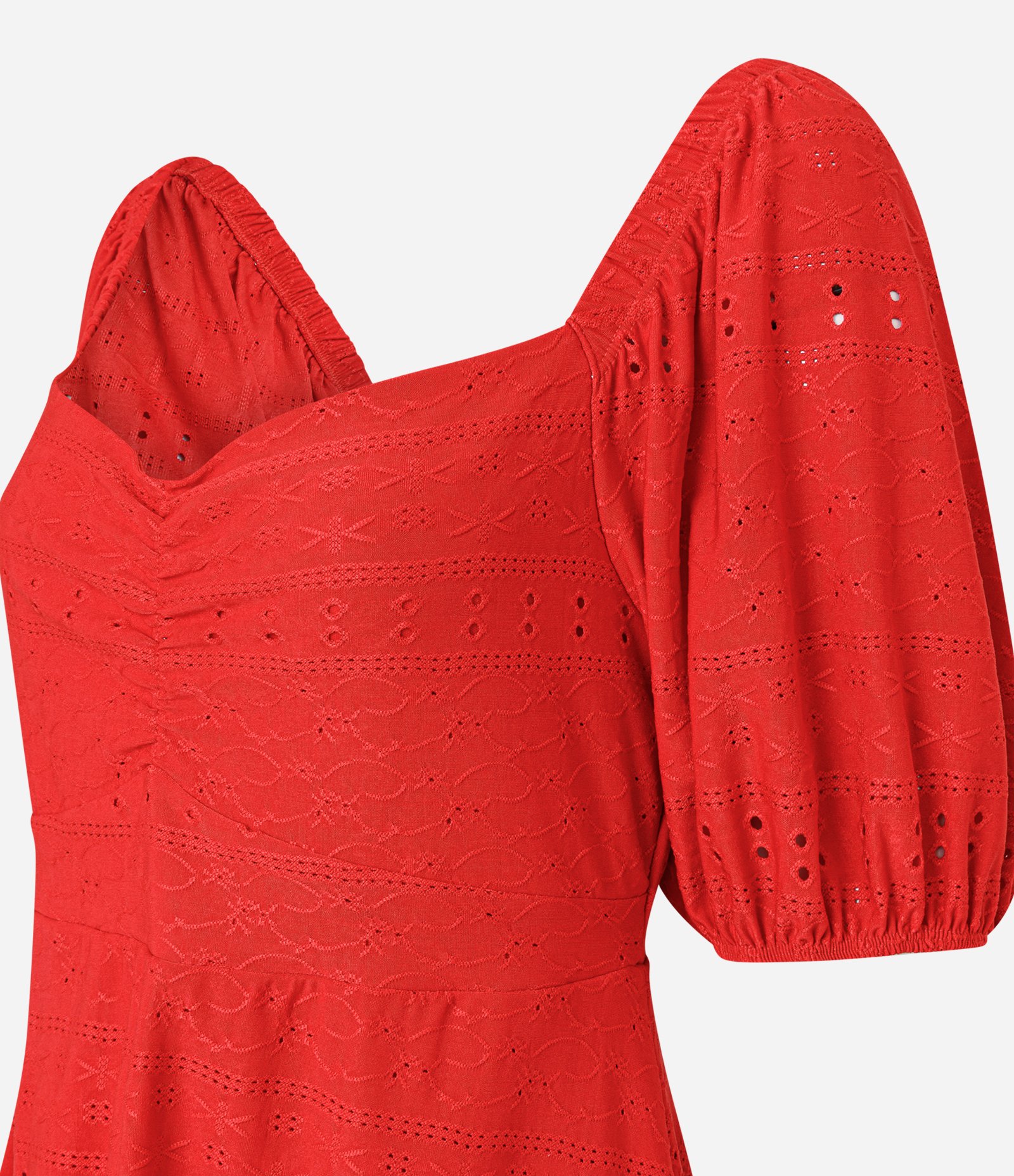 Vestido Curto em Laise com Manga Bufante e Babado Vermelho 2
