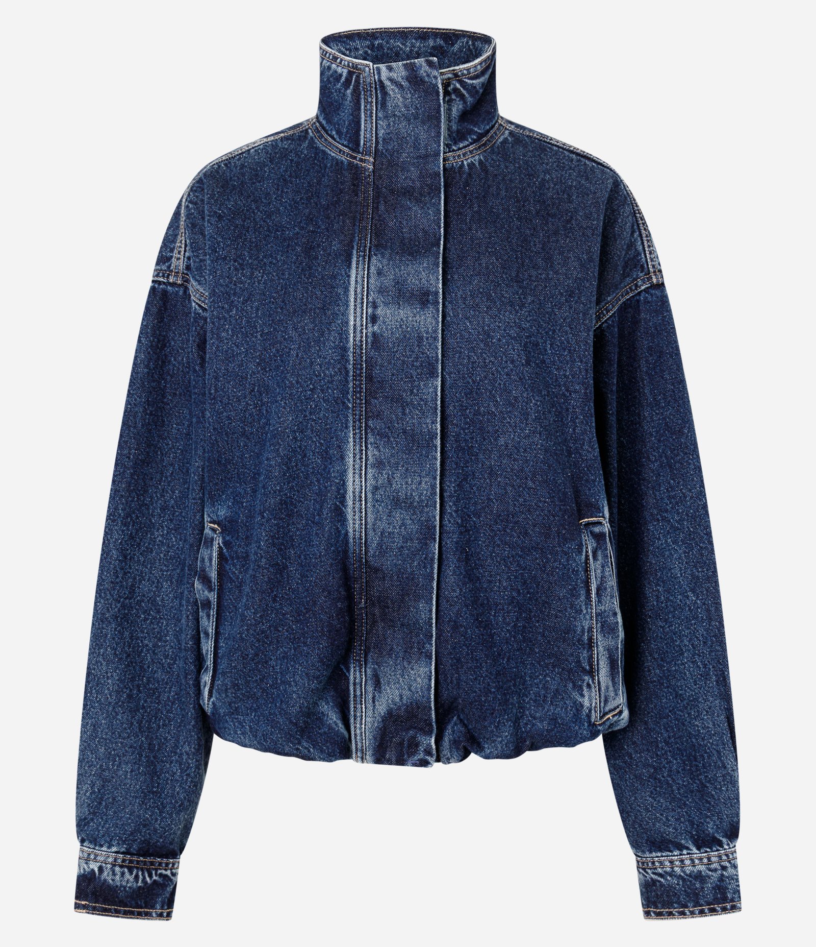 Jaqueta Bomber em Jeans com Gola Alta Estruturada Azul Marinho 2